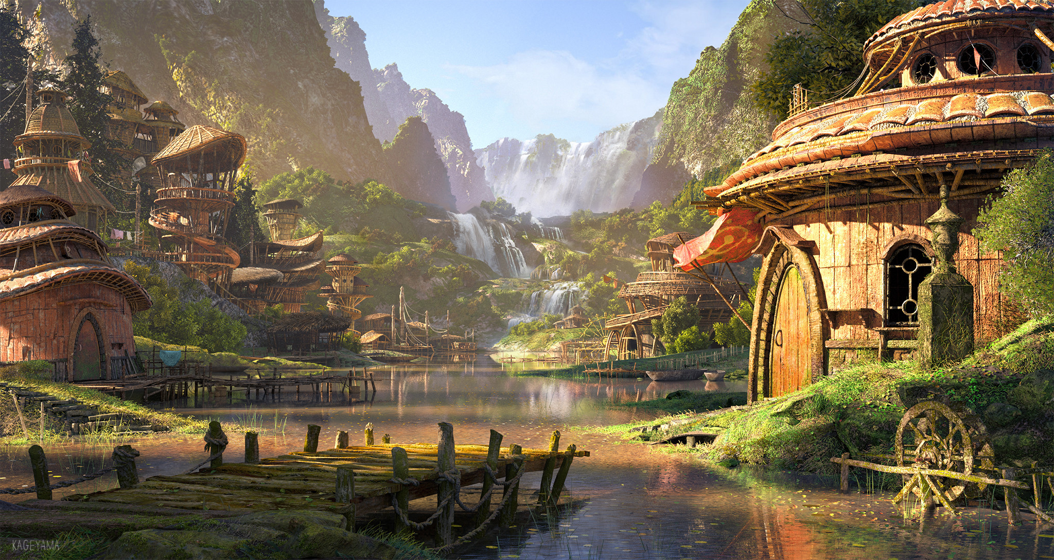 Download Village Fantasy Landscape HD Wallpaper by Masashi Kageyama