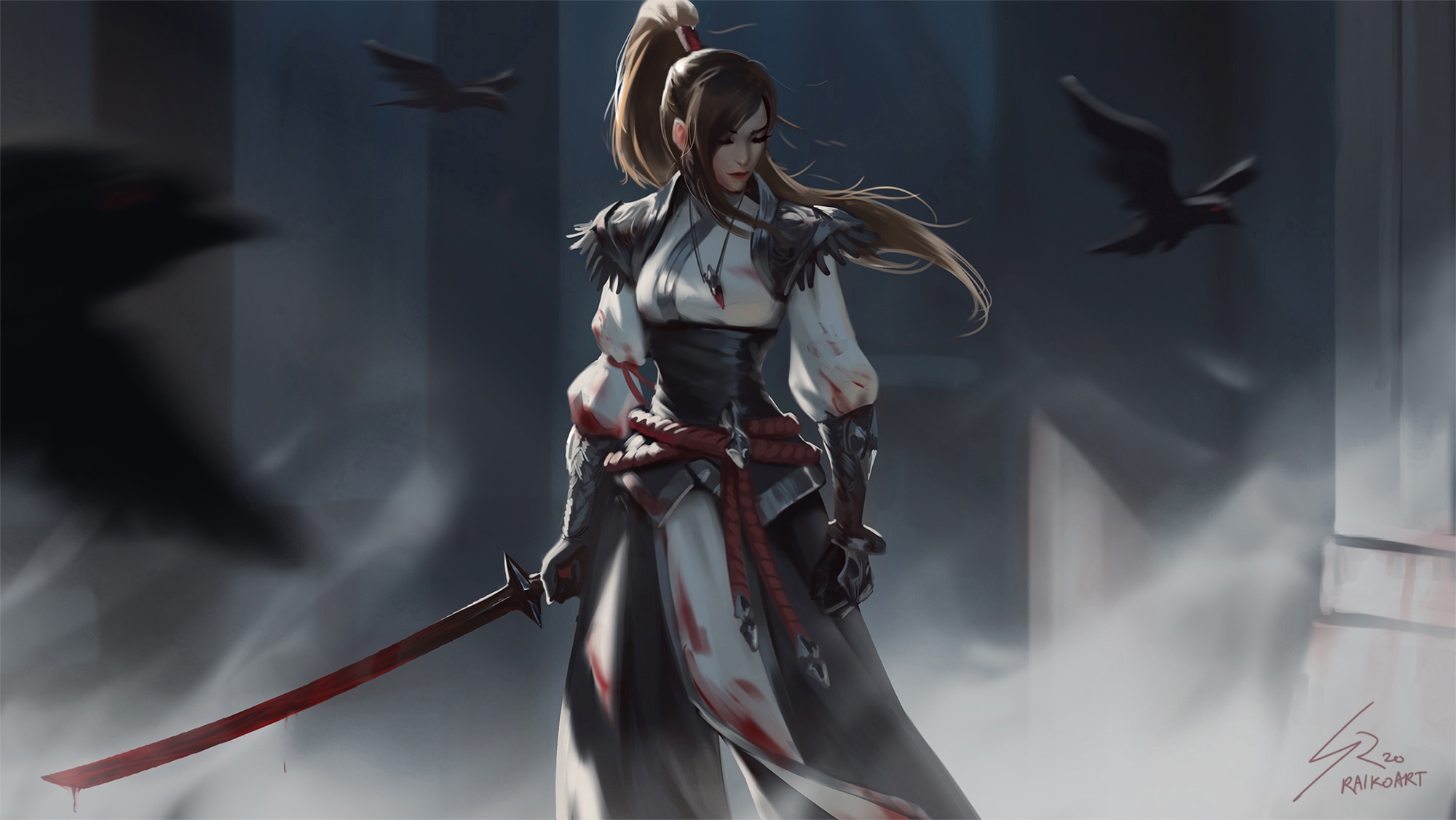 Download Blood Ponytail Brown Hair Sword Woman Warrior Fantasy Woman