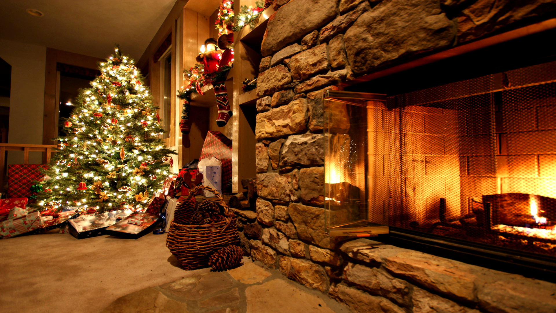 Cozy Christmas Fireplace HD Wallpaper
