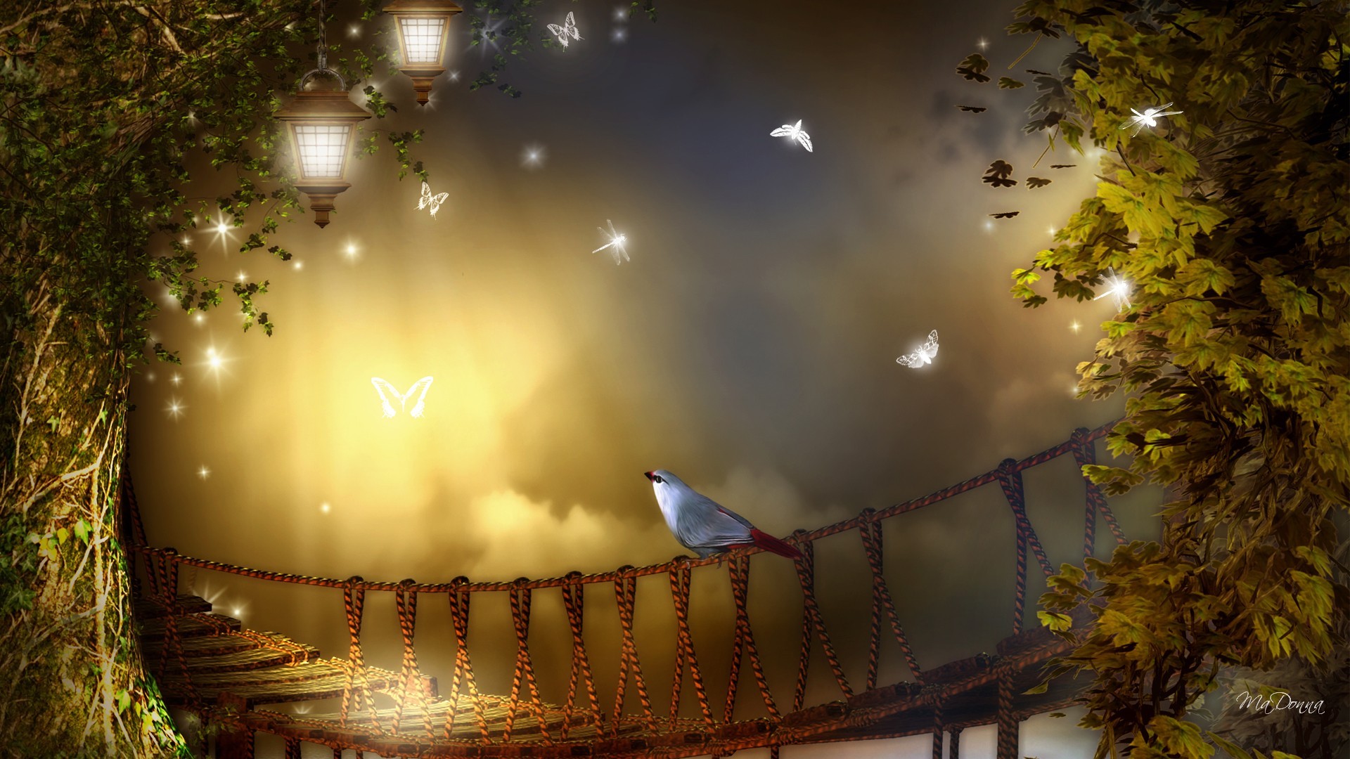 Download Light Lantern Bird Rope Bridge Artistic Bridge HD Wallpaper by