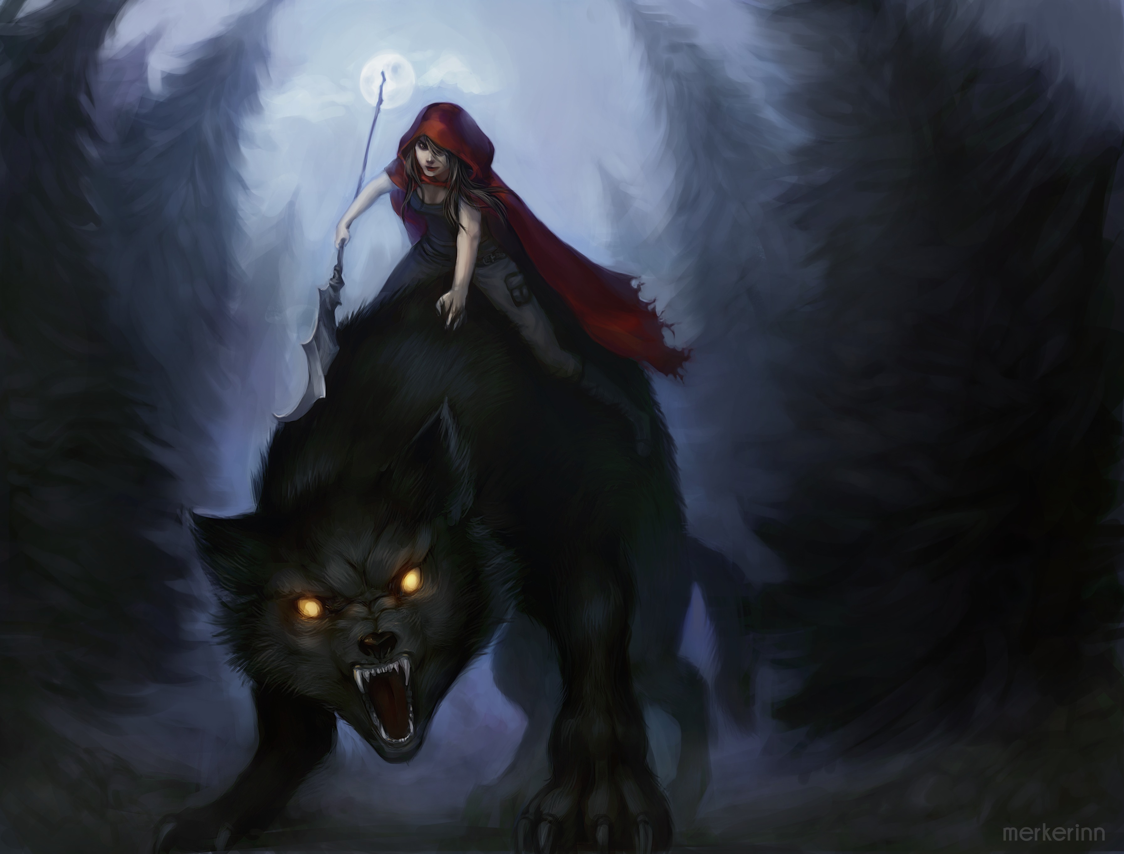Download Spear Wolf Night Fantasy Red Riding Hood HD Wallpaper by merkerinn