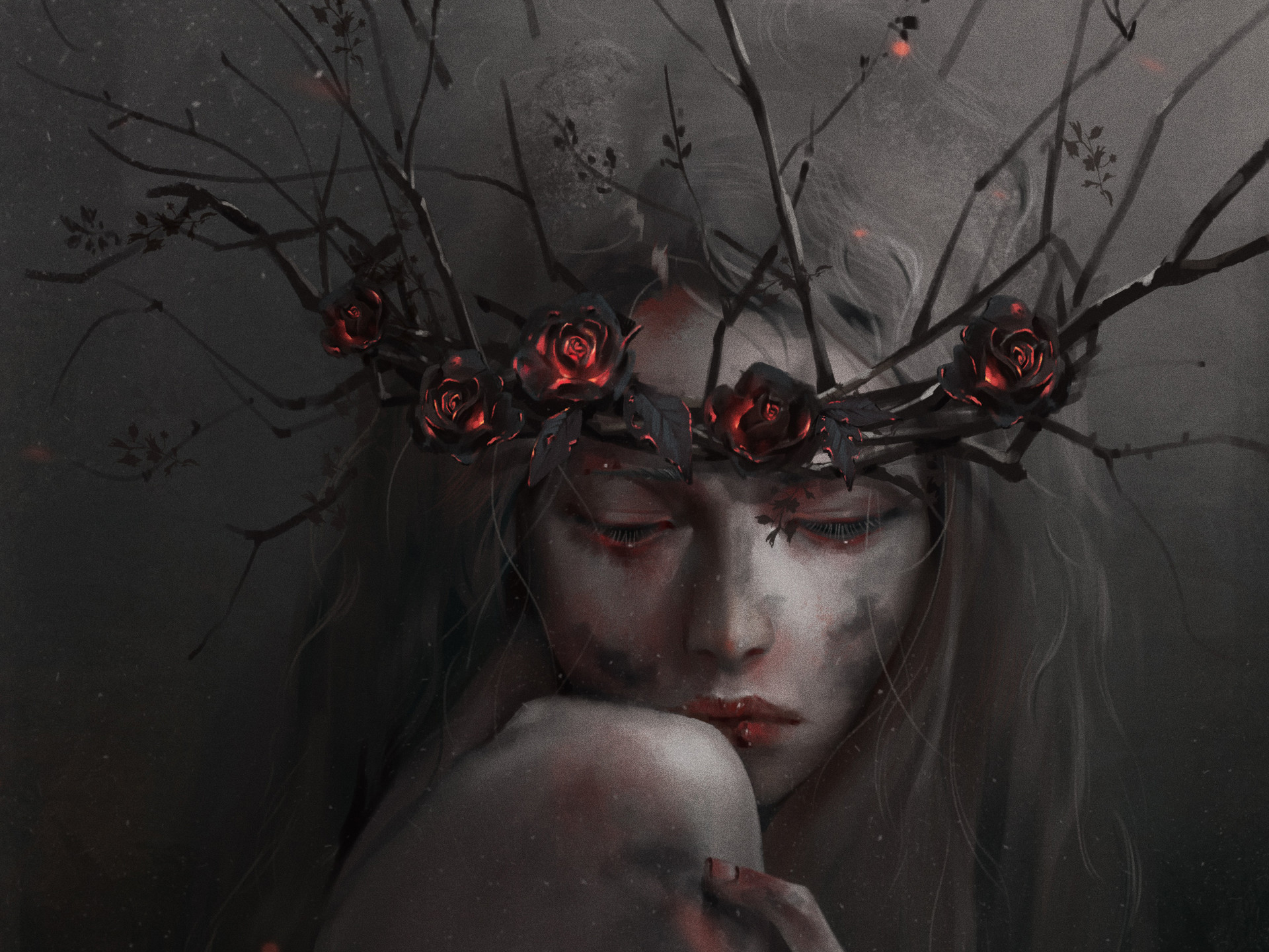 Sad Fantasy Woman with Rose Wreath HD Wallpaper by Midfinger