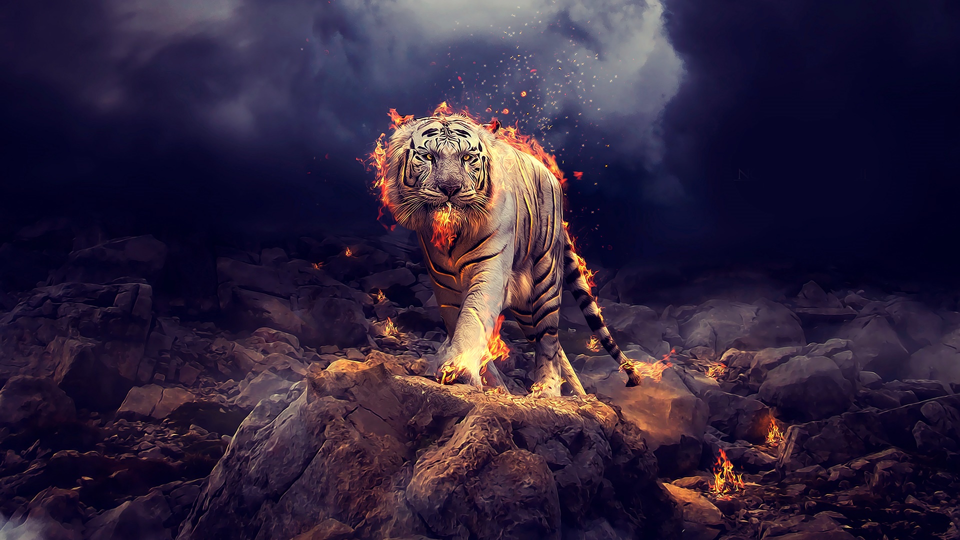 Download Flame White Tiger Fantasy Tiger HD Wallpaper