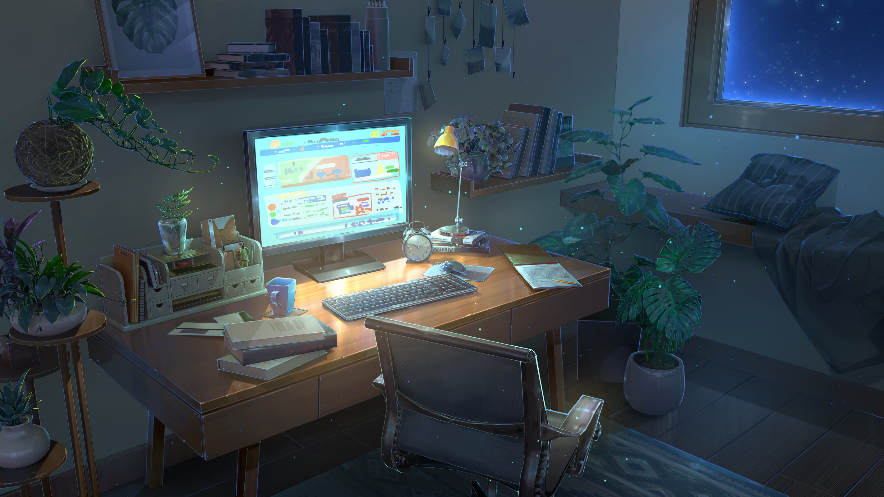 Anime Night Room Computer HD Wallpaper by 行之LV