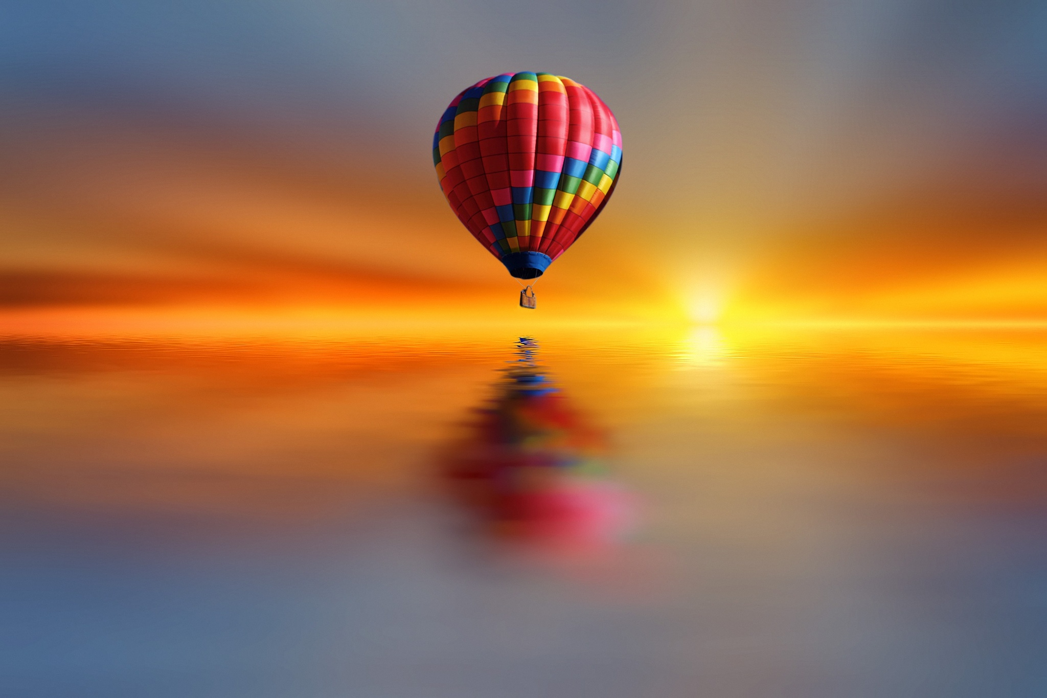Download Sunset Reflection Vehicle Hot Air Balloon HD Wallpaper