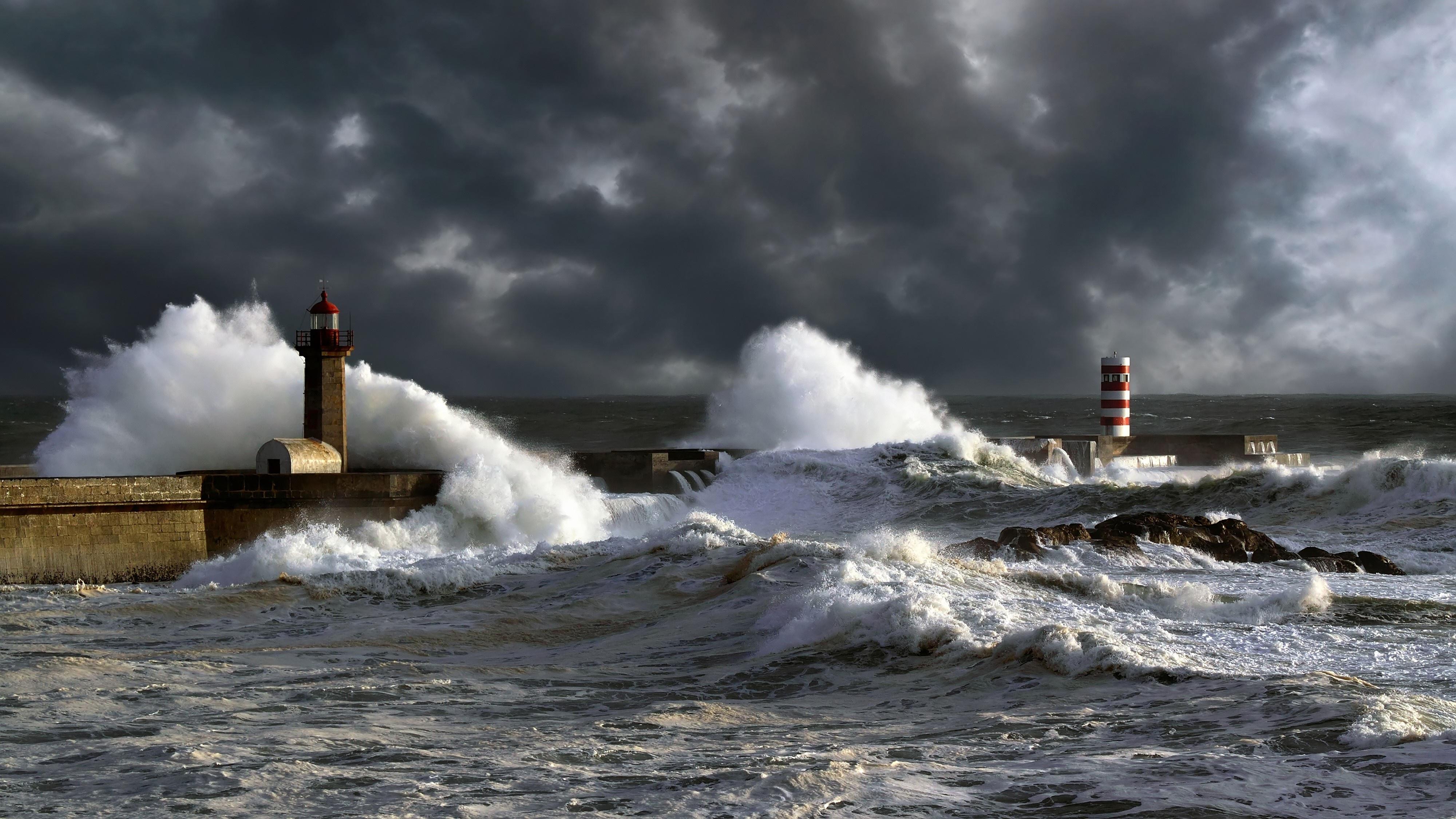 Download Horizon Ocean Wave Storm Man Made Lighthouse 4k Ultra HD Wallpaper
