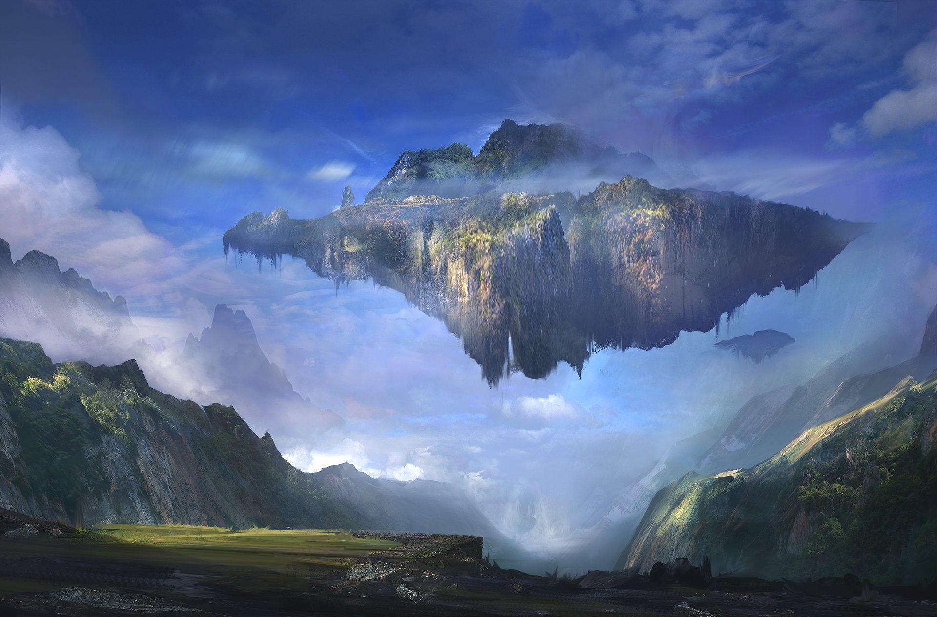 Download Floating Island Cloud Mountain Fantasy Landscape HD Wallpaper