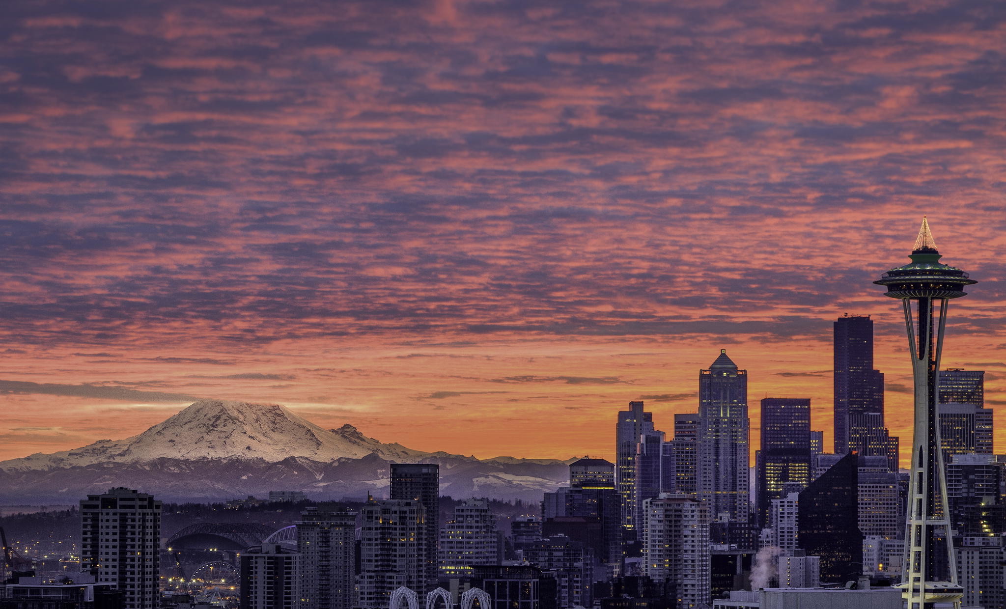 Seattle Sunrise with Space Needle and Cityscape HD Wallpaper