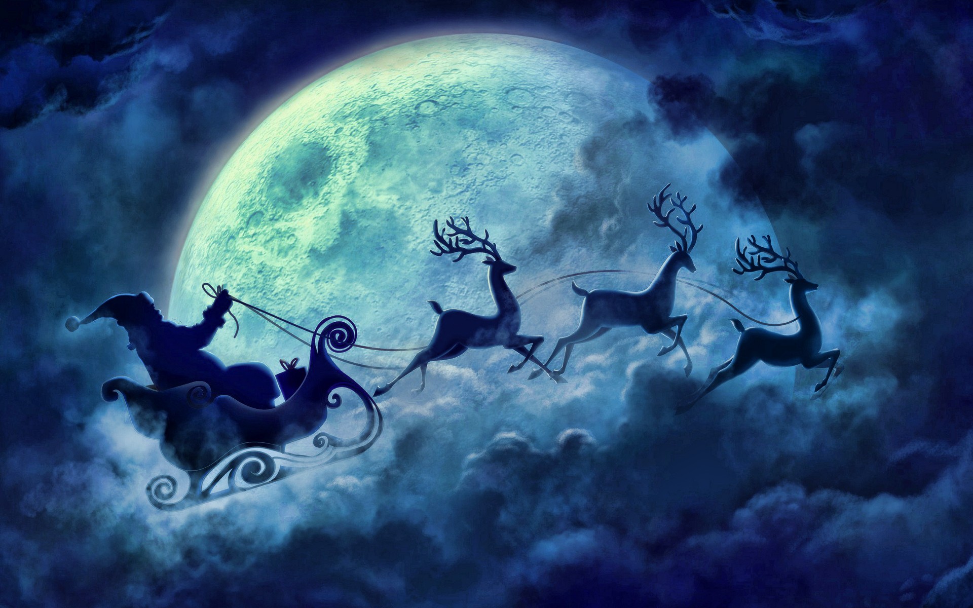 Santa and His Reindeer against the Full Moon HD Wallpaper Background