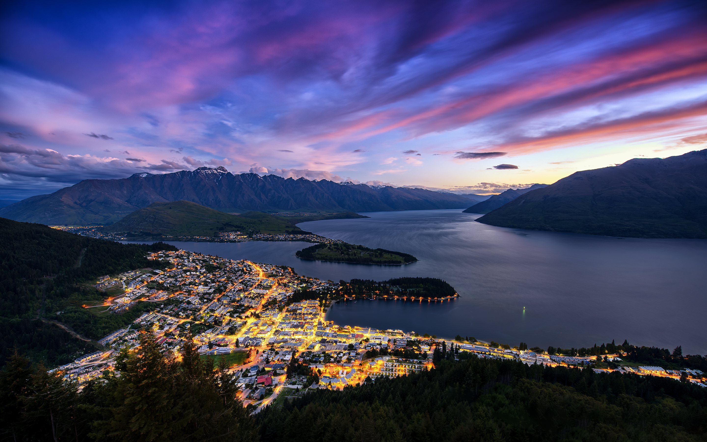 Download Night Town Sunset Mountain Lake Light New Zealand Man Made