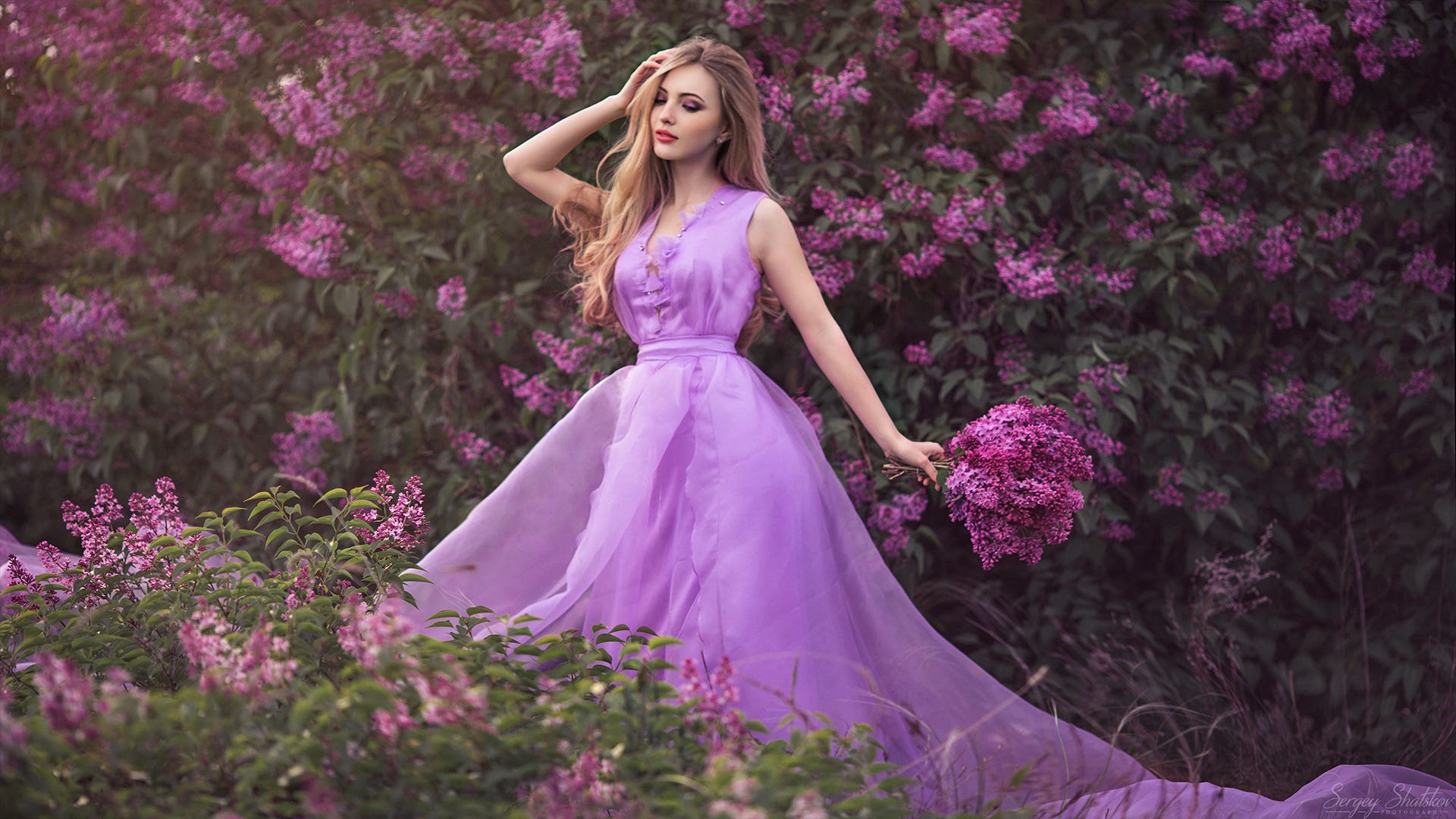 Download Blonde Pink Flower Long Hair Pink Dress Lilac Woman Model HD