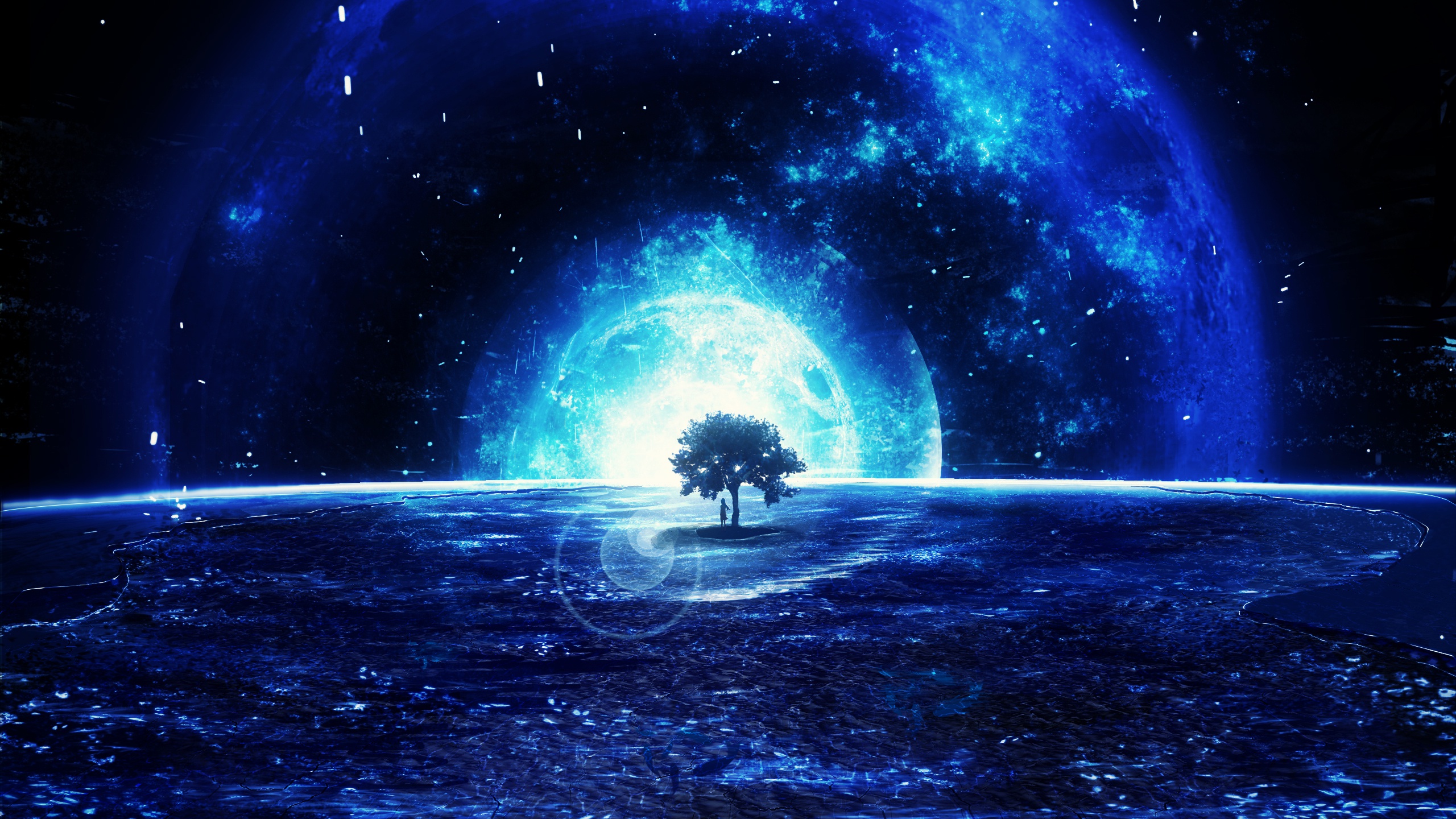 Blue Anime Moon Tree HD Wallpaper