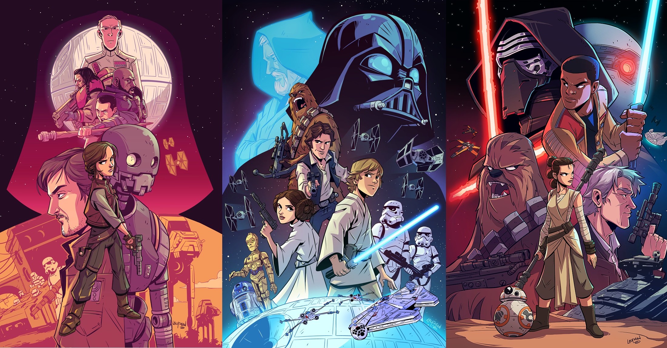 Cartoon Collage of Star Wars Movies HD Wallpaper Background Image