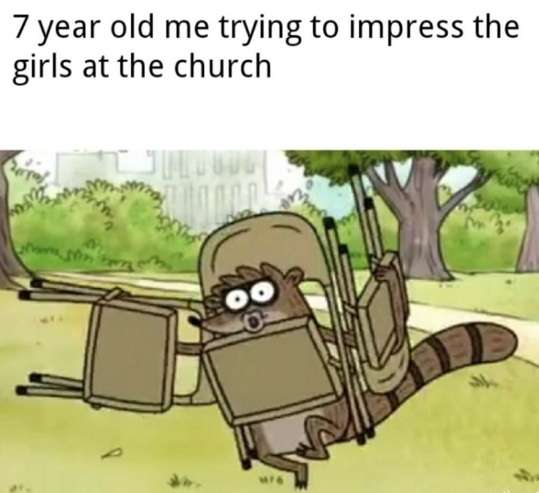 Hate to brag but I can pick up 4 folding chairs under each arm Meme