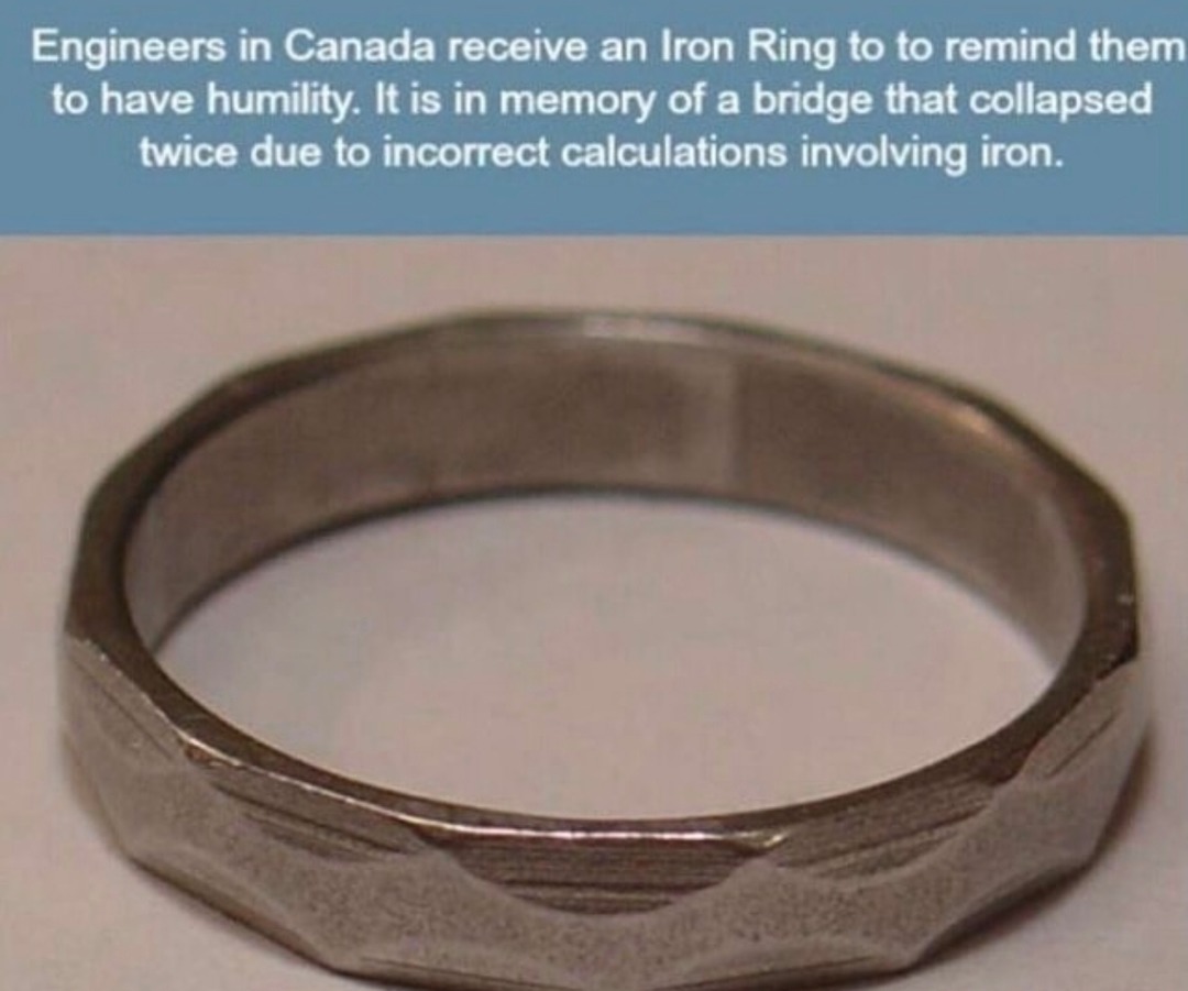 ﻿Engineers in Canada receive an Iron to to remind them to have humility: It is in memory of a that collapsed twice due t0 incorrect calculations involving iron: Ring bridge