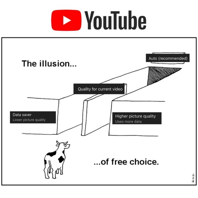 ﻿Youube Auto (recommended) The illusion _. Quality for current video Data saver Higher picture quality Lowe picture quality Uses more data ~of free choice: