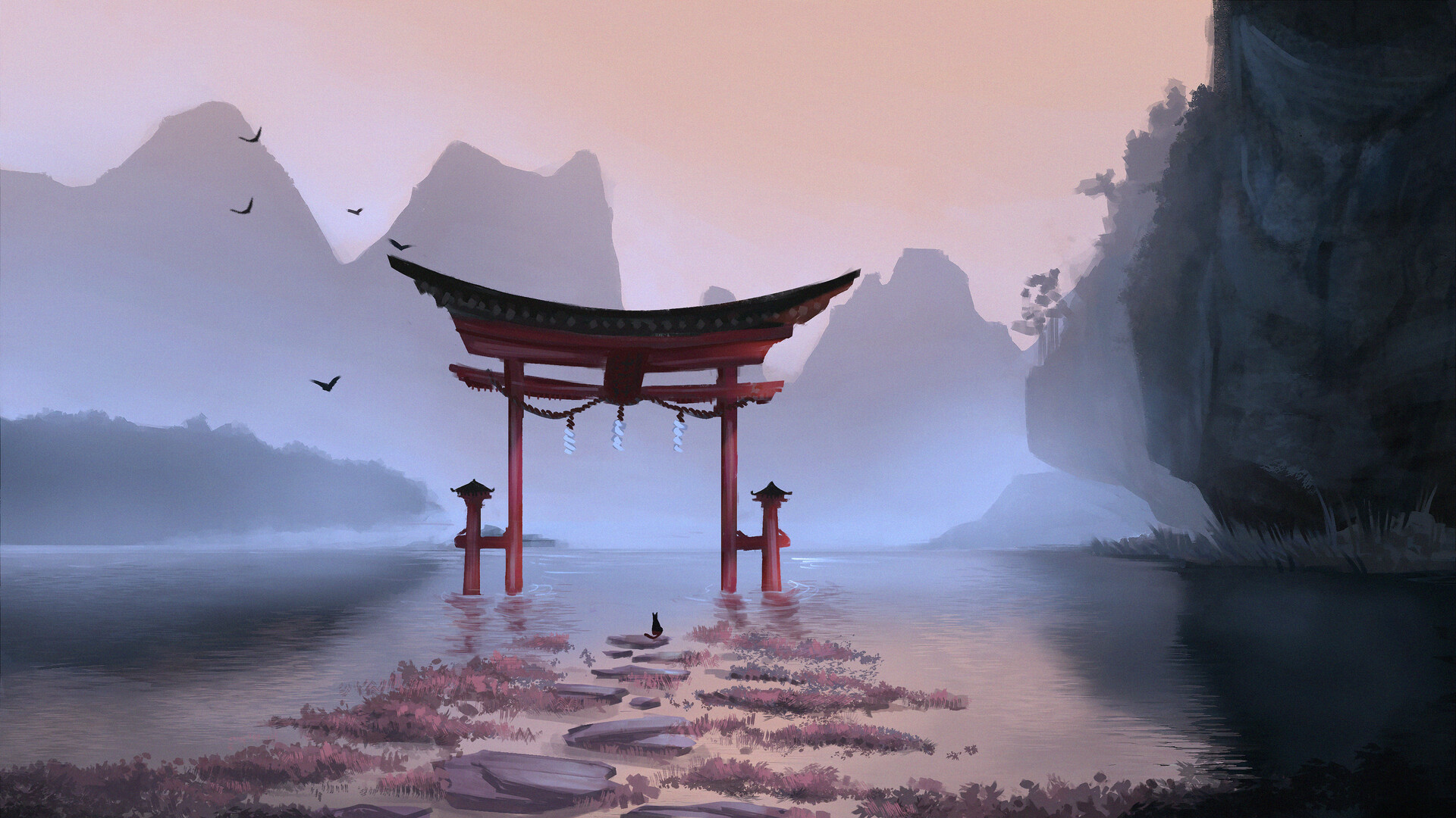 Download Cat Mountain Lake Torii Anime Shrine HD Wallpaper by Laura Ortega