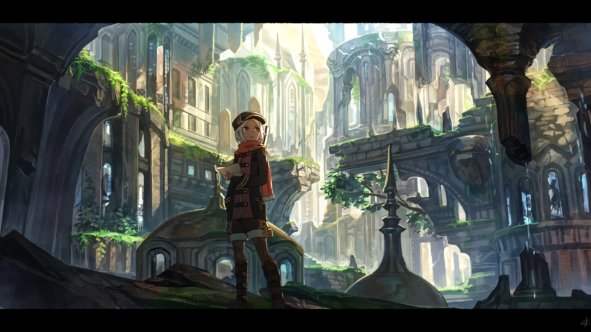 An Anime Explorer in Ancient Ruins HD Wallpaper by baallore