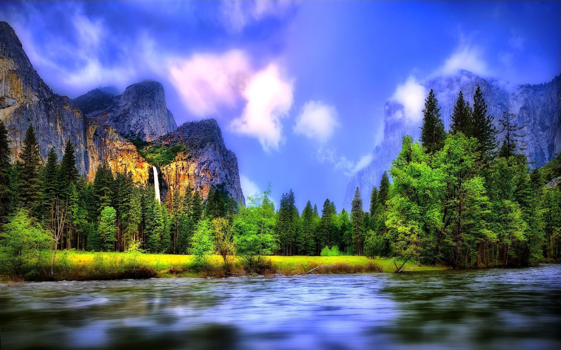 Waterfall in the Mountains HD Wallpaper Background Image