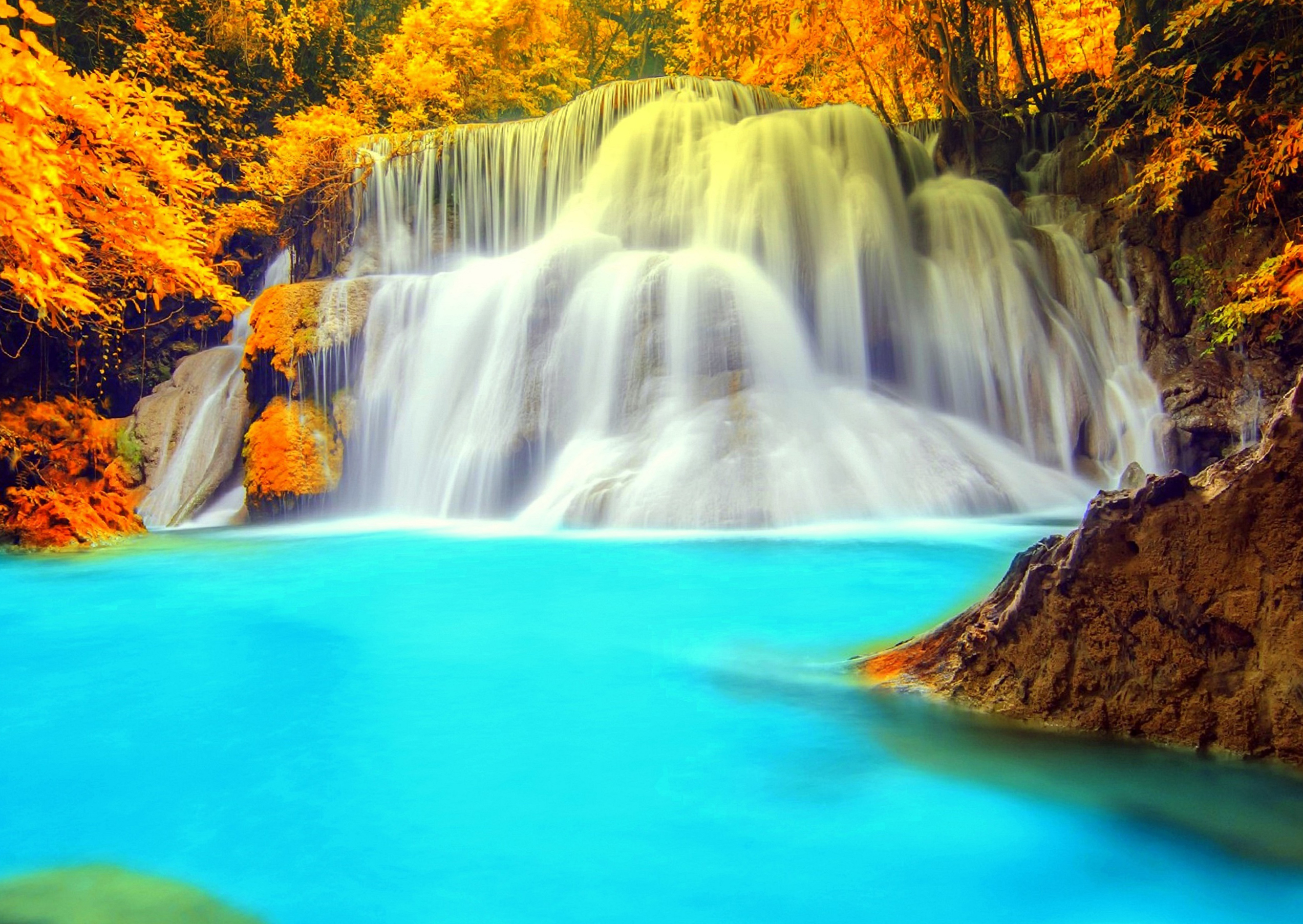 Autumn Forest Cascading Waterfall HD Wallpaper