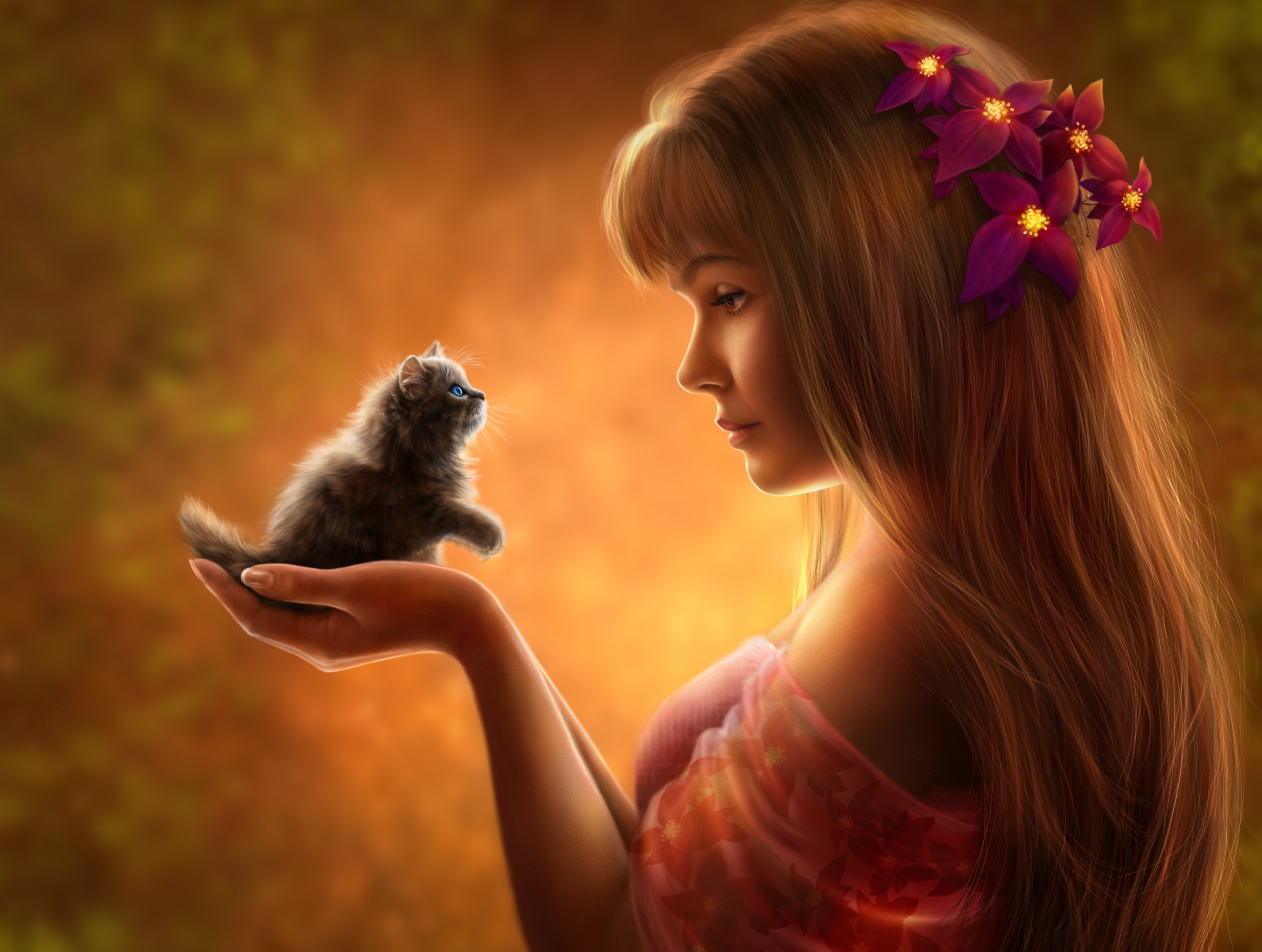 Fantasy Girl with Kitten Fond d'écran HD ArrièrePlan 3000x2265