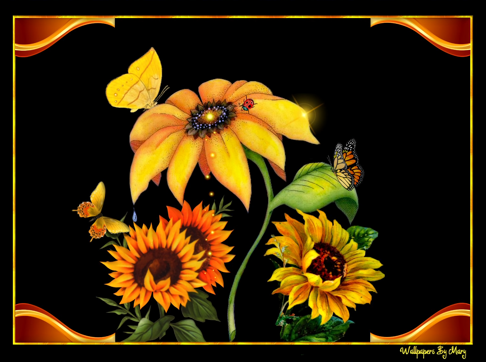 Download Yellow Flower Butterfly Sunflower Artistic Flower HD Wallpaper
