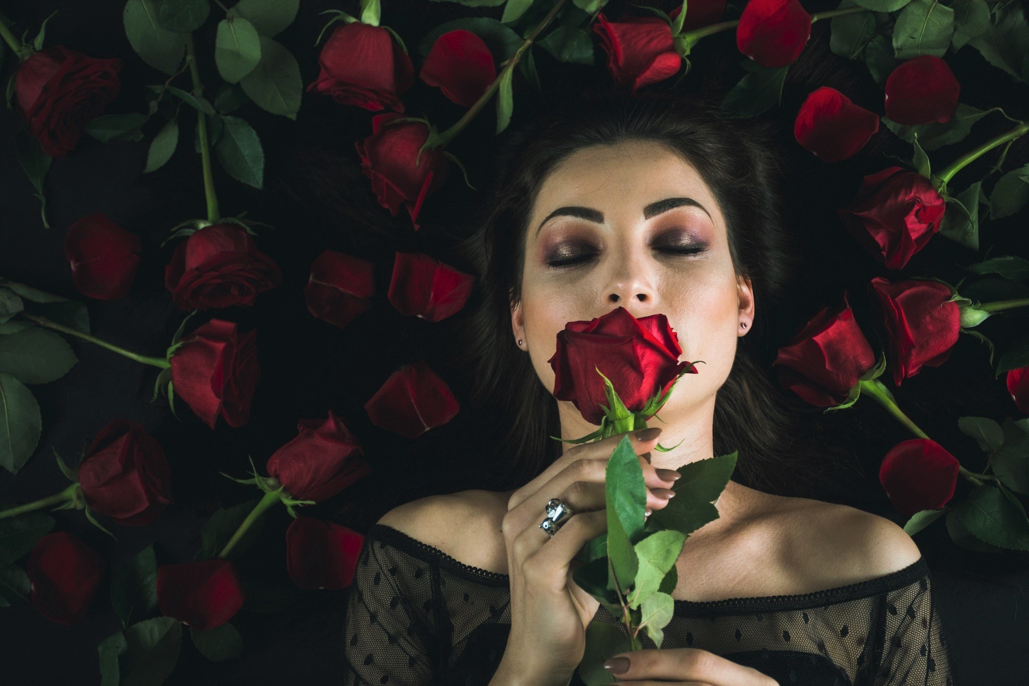 Download Red Flower Lying Down Red Rose Rose Flower Woman Mood