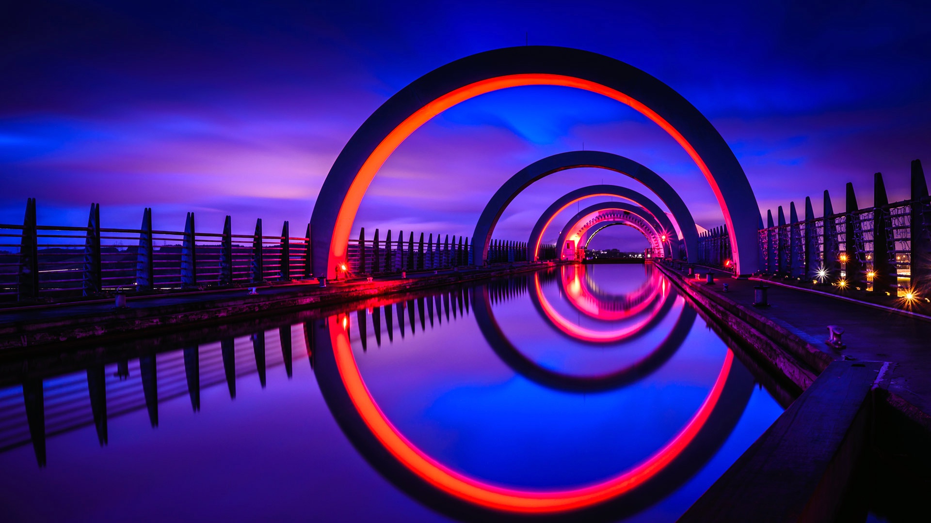Download Reflection Light Night Scotland Man Made Falkirk Wheel HD