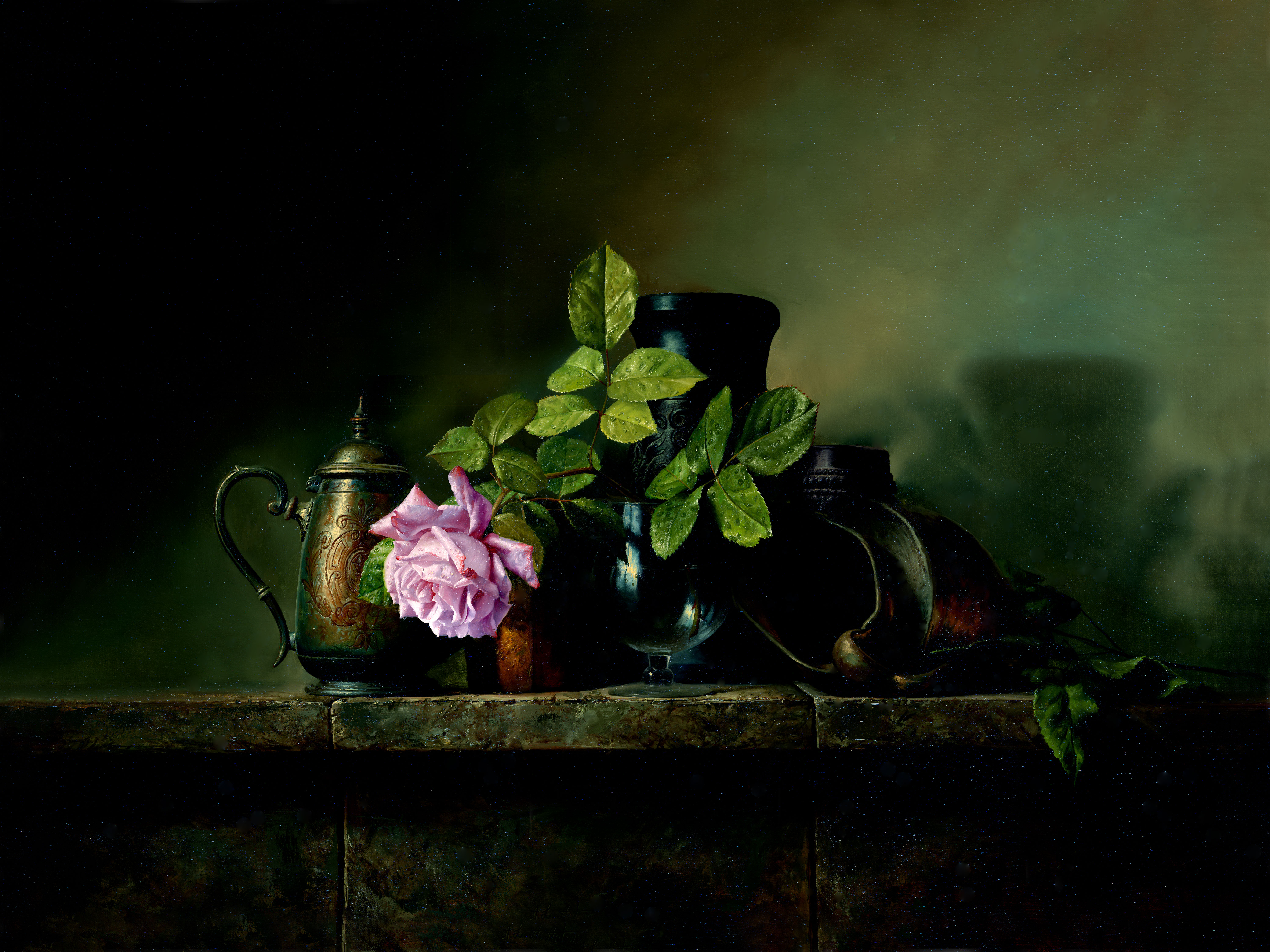 Download Leaf Stein Rose Mantle Flower Still Life Artistic Painting 4k