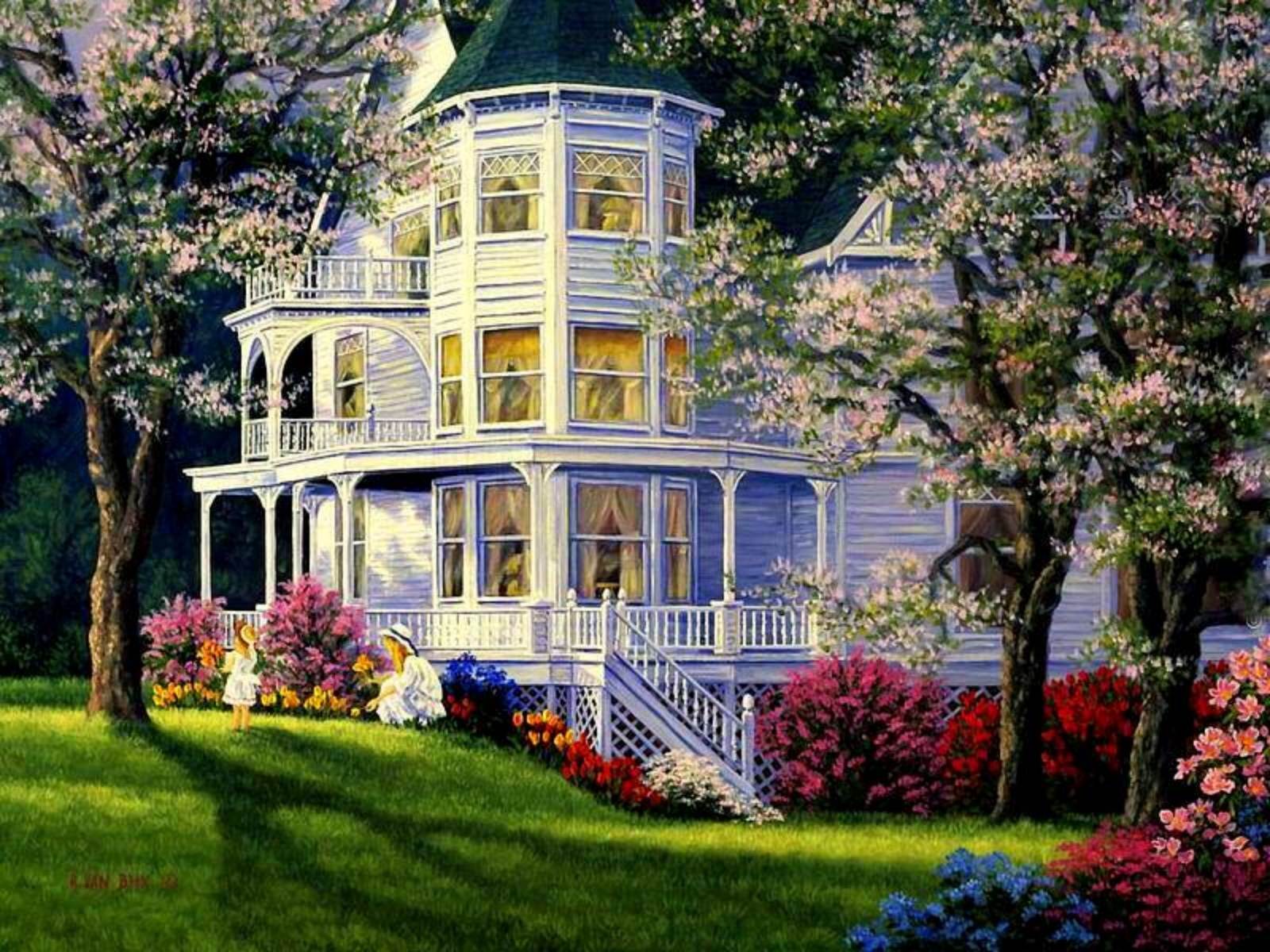Download Garden Child Grass Bush Flower Tree Painting Artistic House