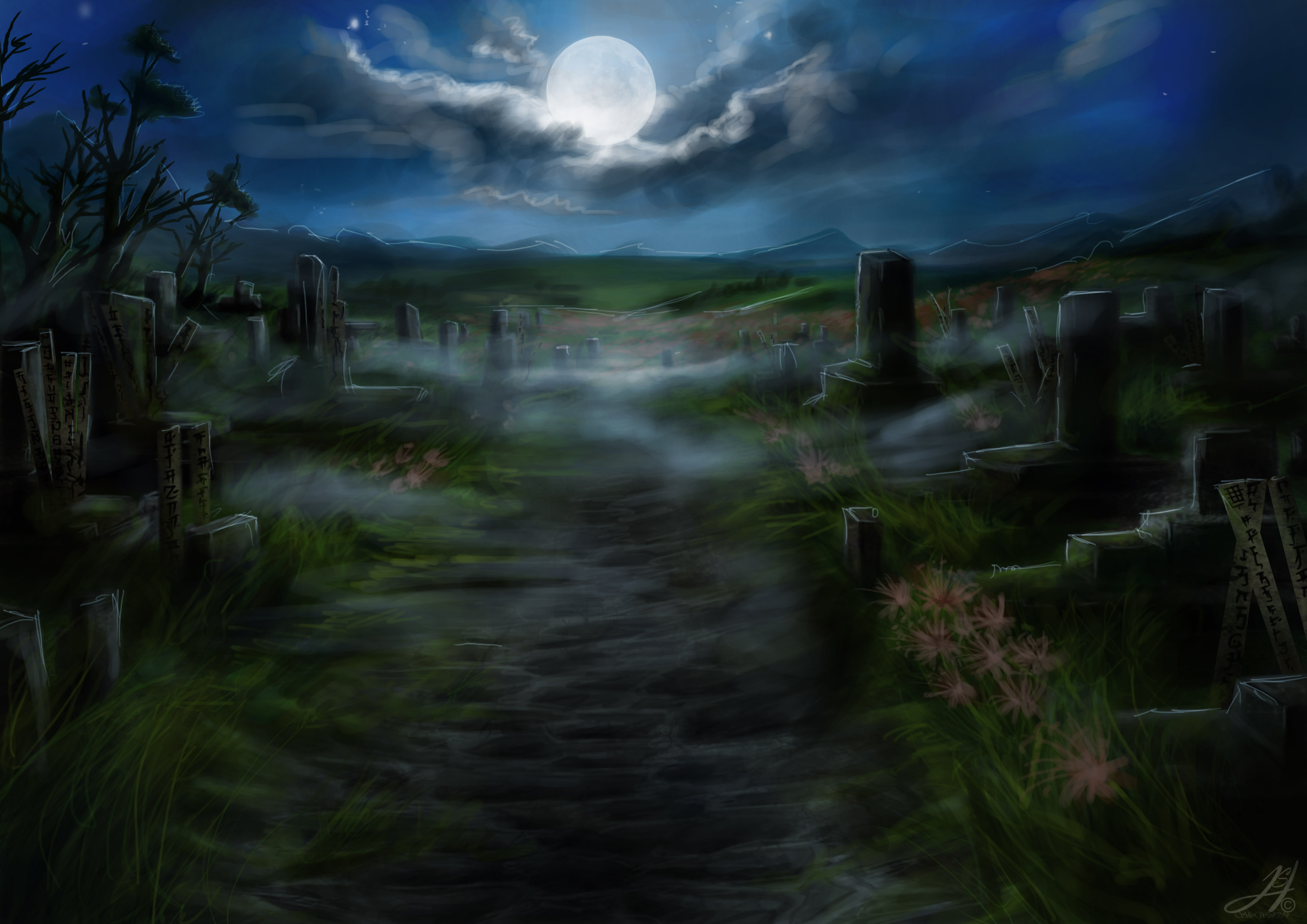 Download Night Moon Graveyard Tombstone Cemetery Fantasy Dark HD