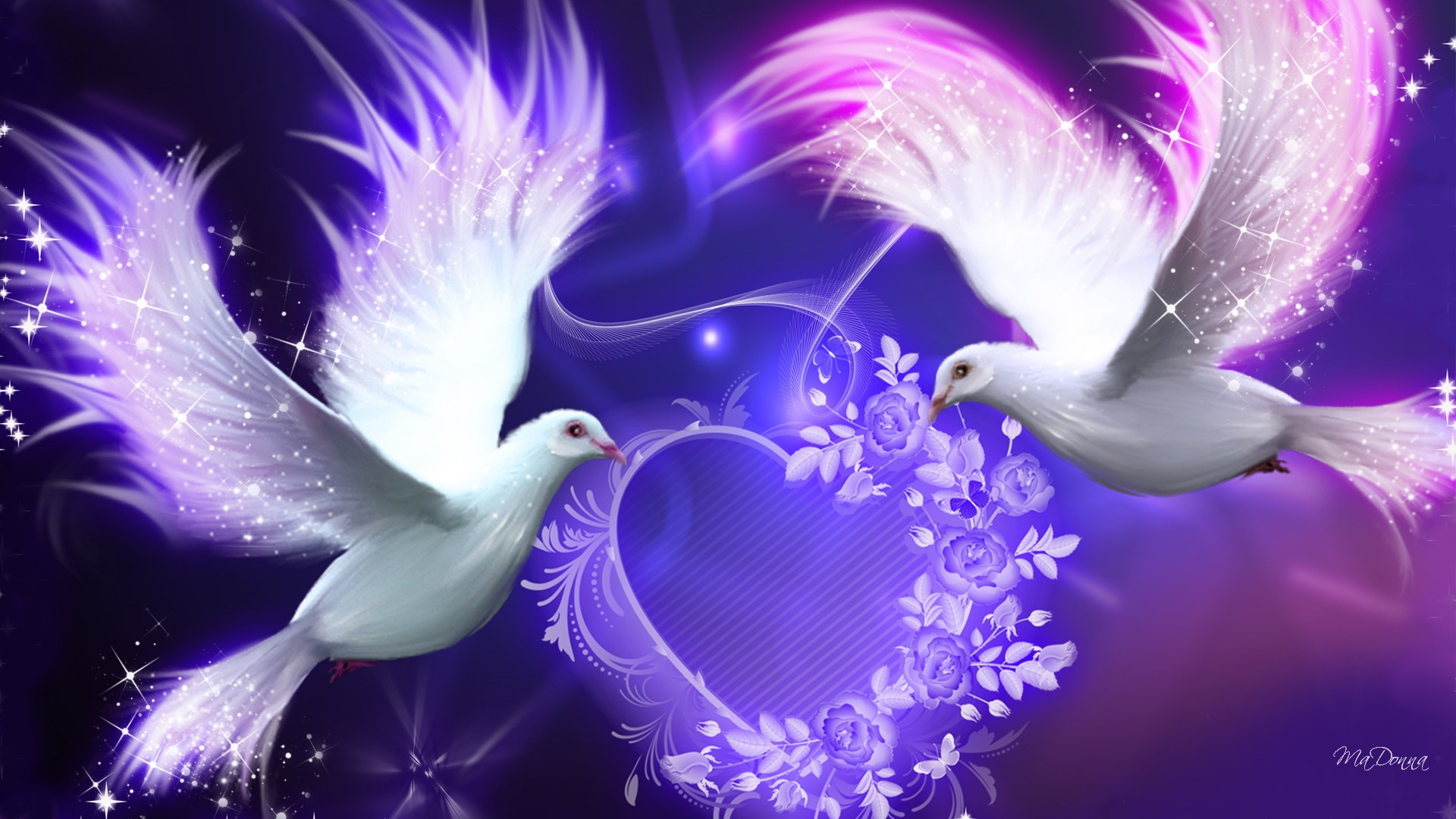 Download Purple Blue Sparkles Flower Heart Artistic Dove HD Wallpaper