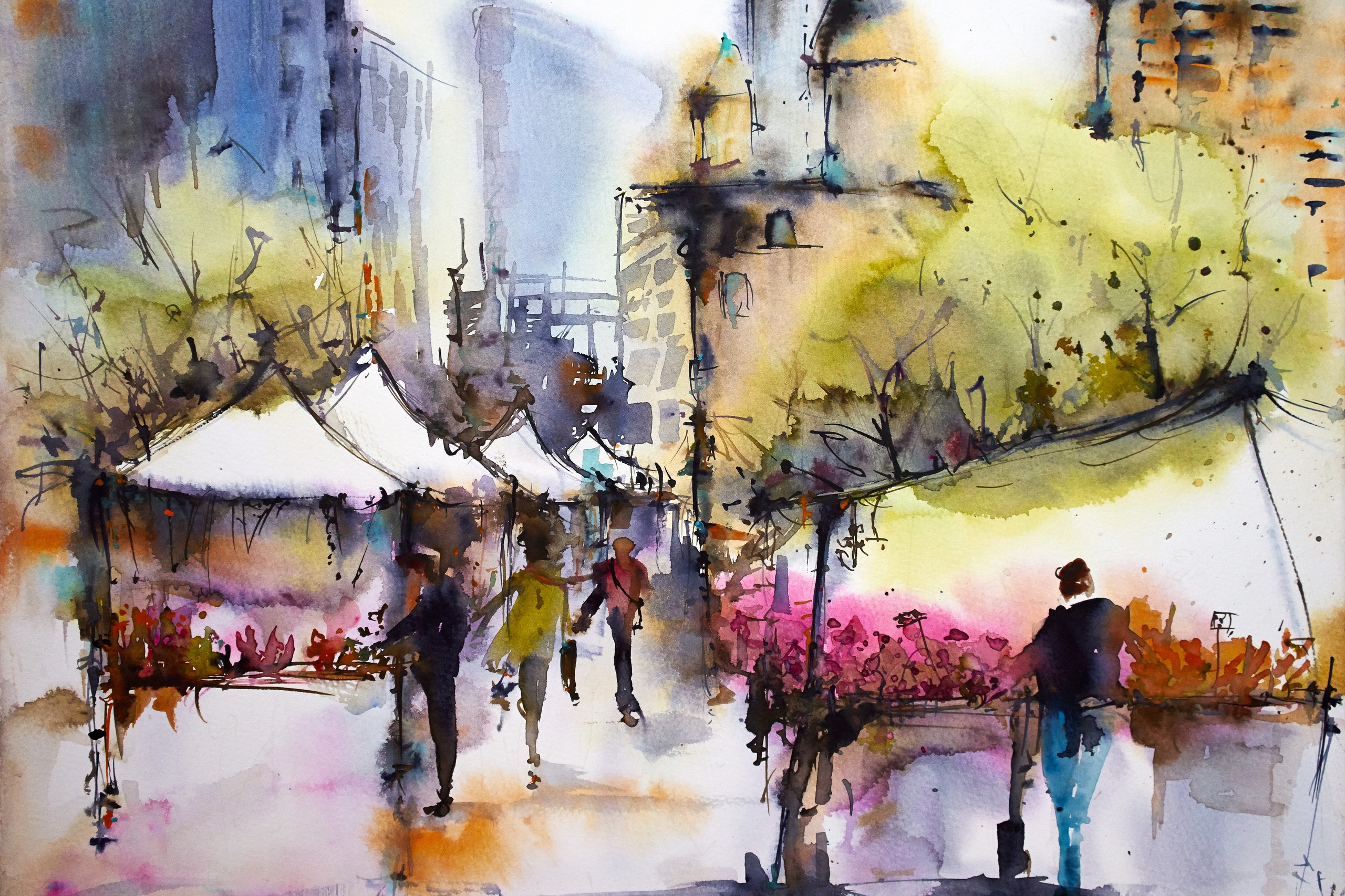 Watercolor Town Life HD Wallpaper