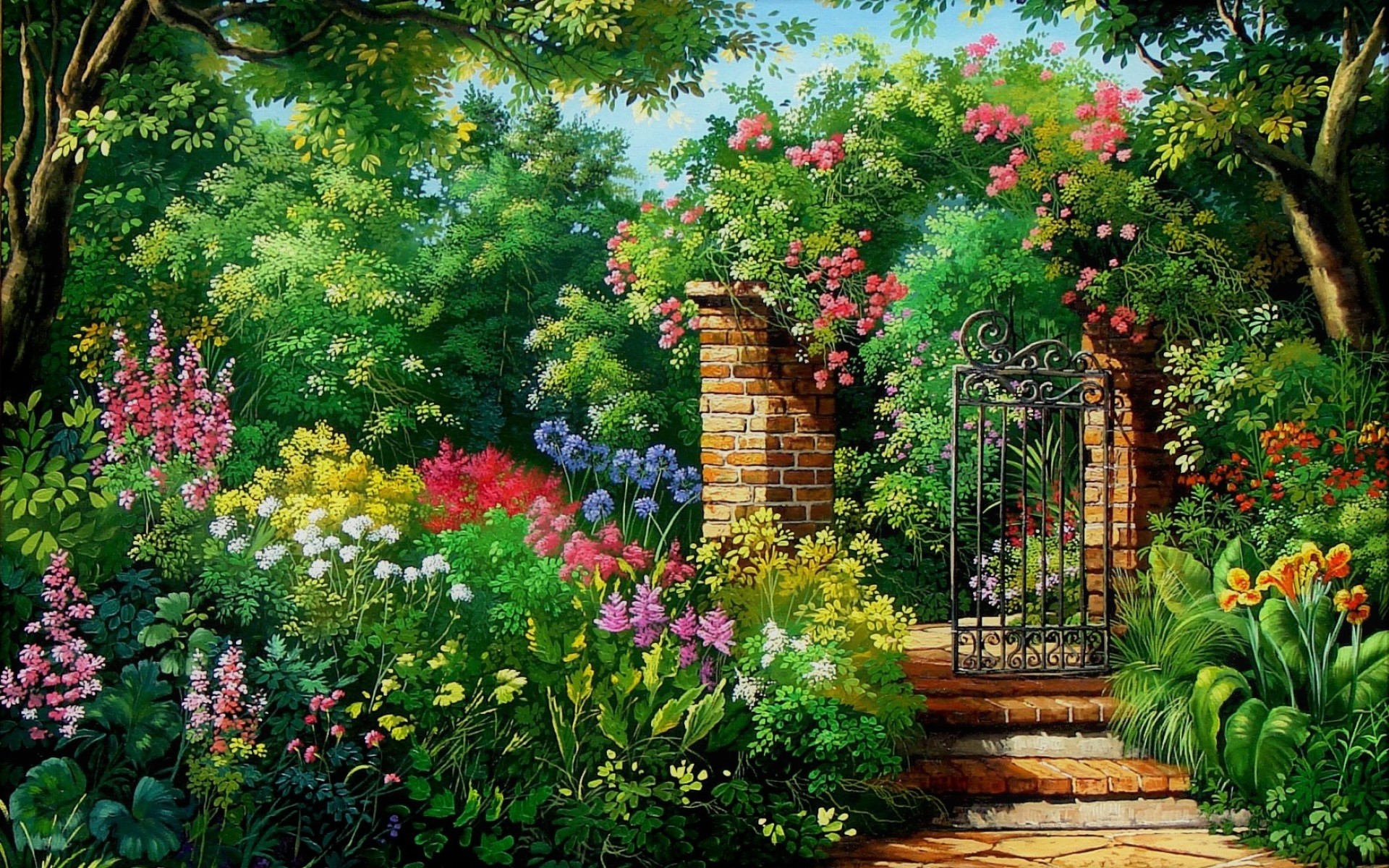 Download Colorful Flower English Garden Garden Artistic Painting Gate