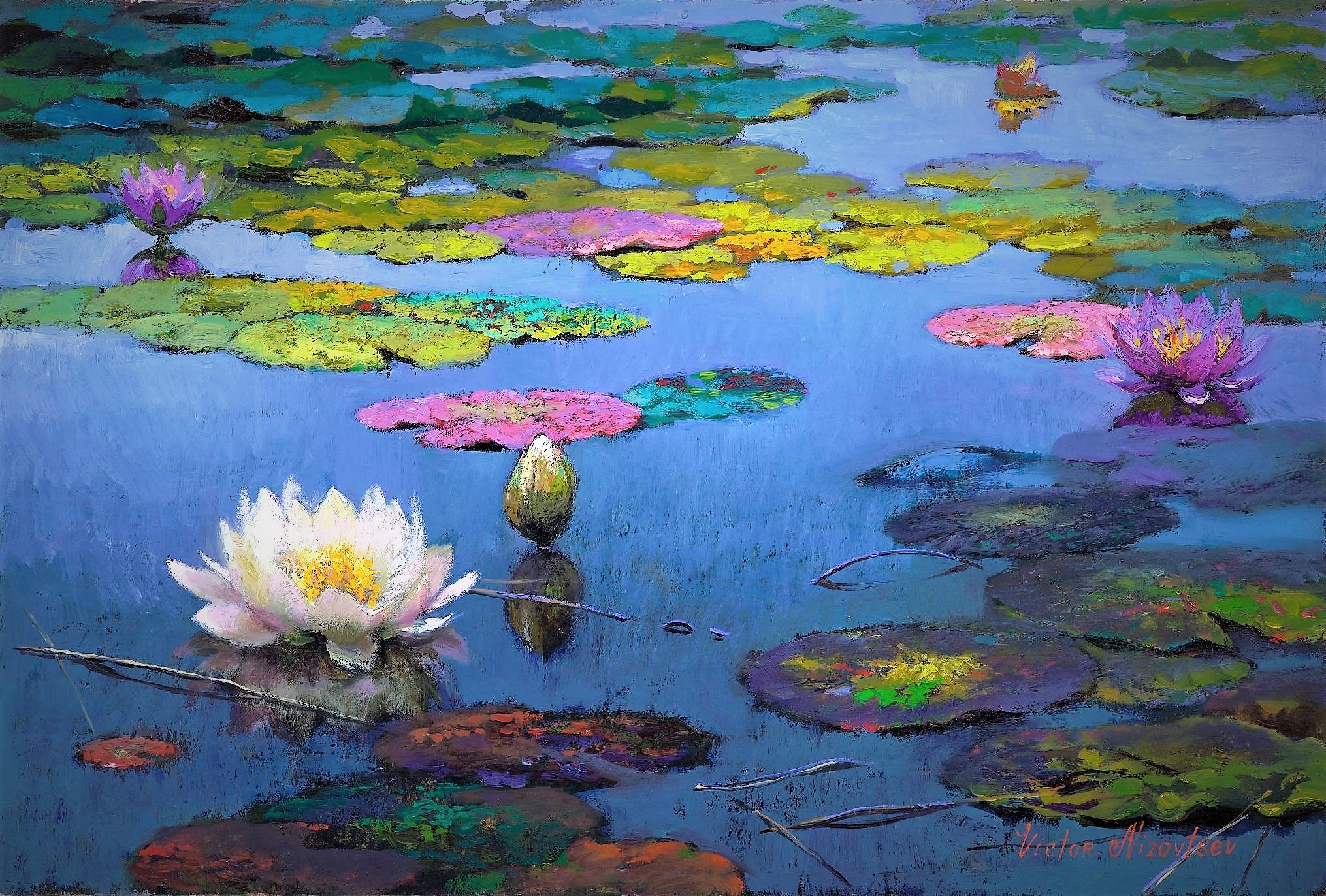 Download Water Lily Lily Pad Colorful Colors Pond Artistic Painting HD