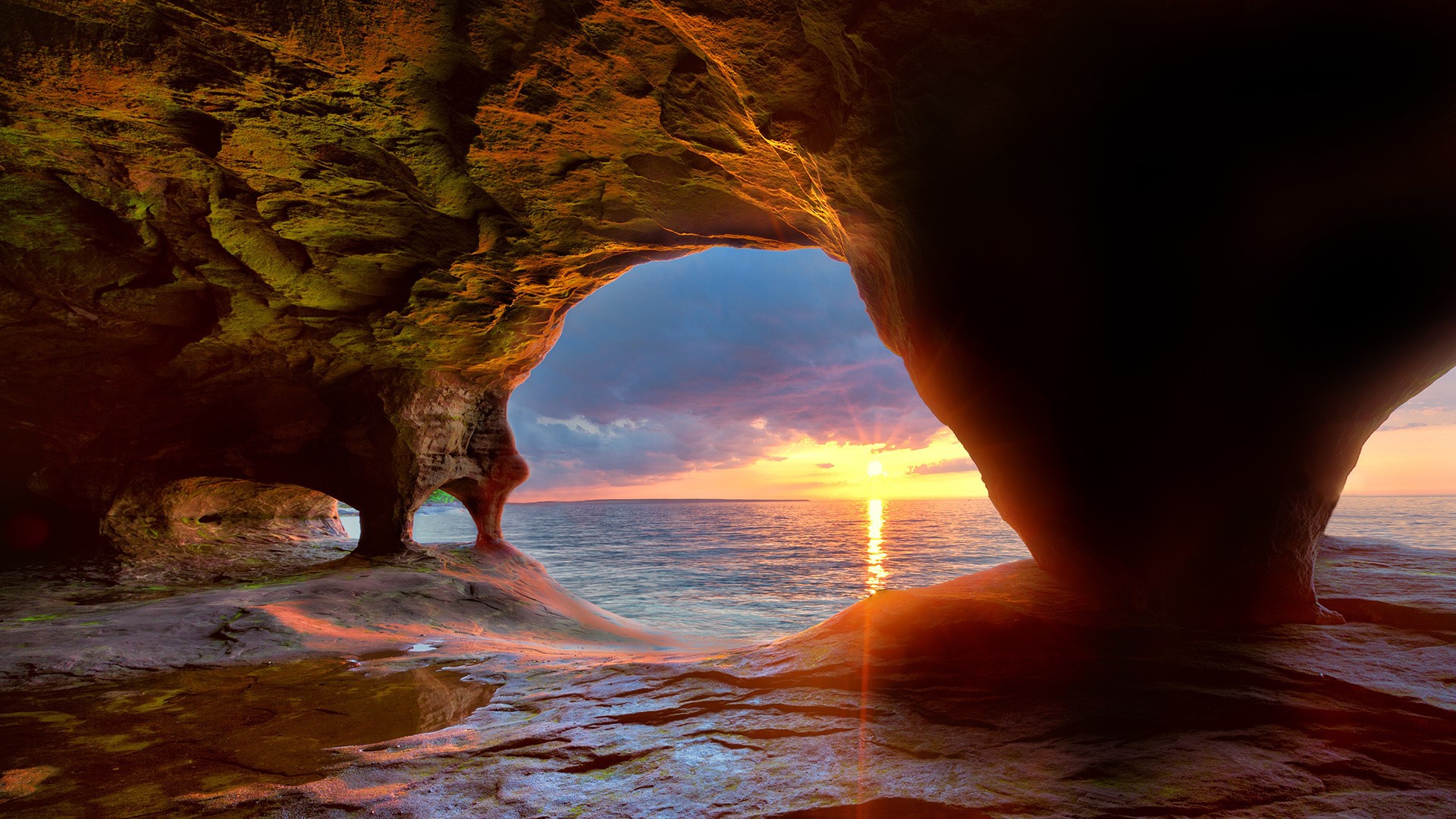 Download Horizon Sunrise Ocean Nature Cave HD Wallpaper