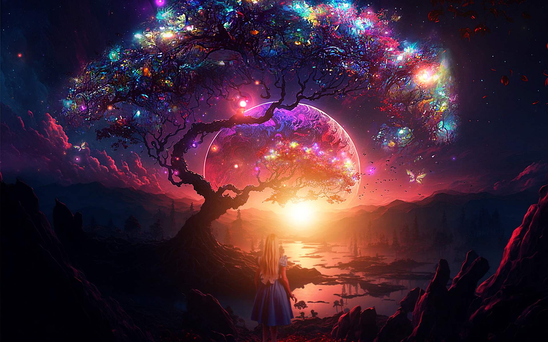 Download Light Girl Sunset Tree Fantasy Landscape HD Wallpaper