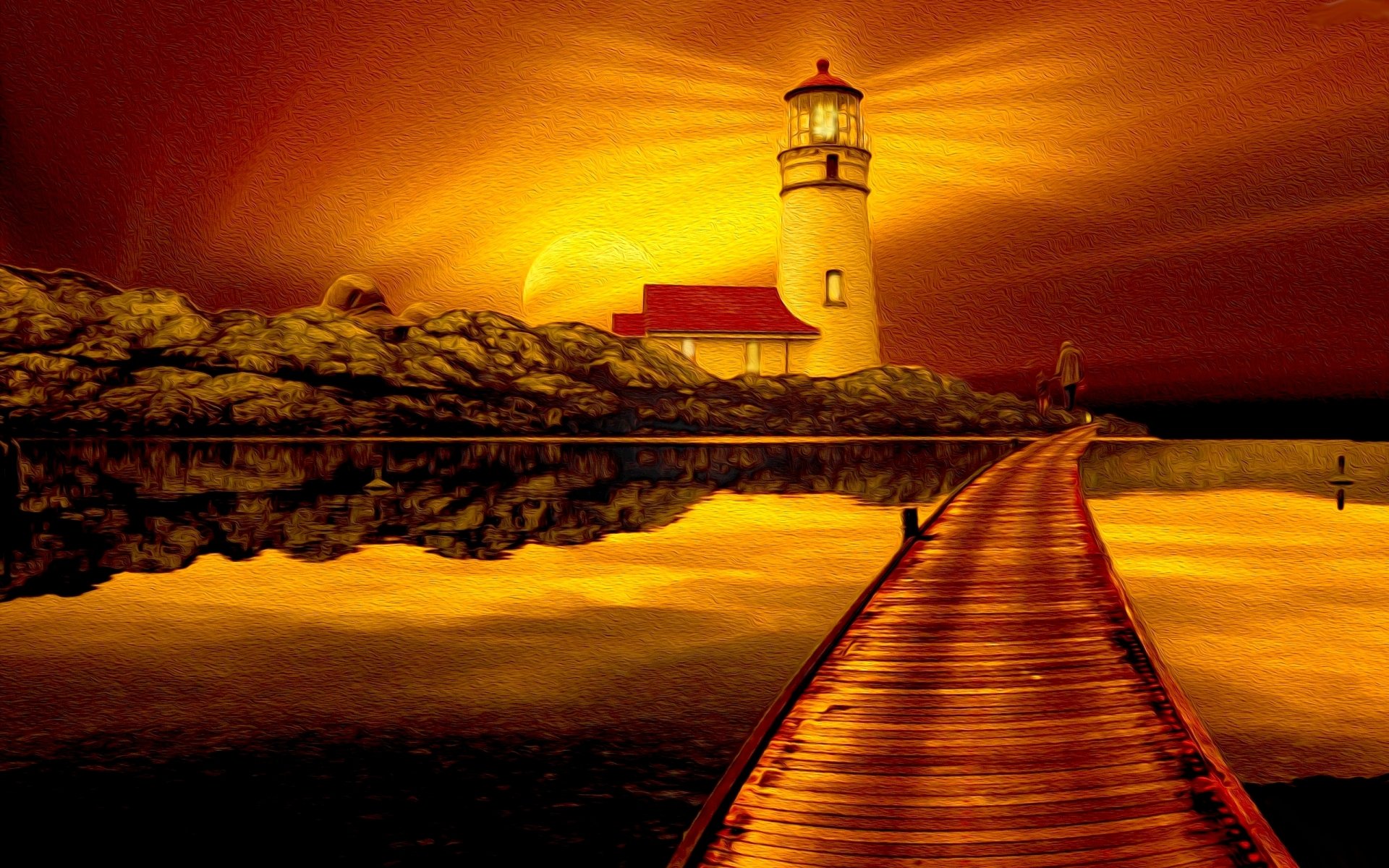 Download Golden Ocean Pier Lighthouse Earth Artistic Sunset HD Wallpaper