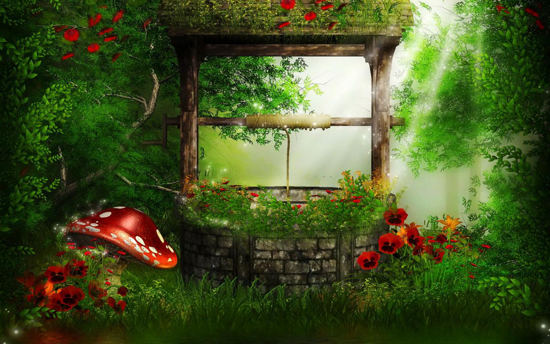 Download Mushroom Flower Magical Forest Artistic Fantasy Well HD Wallpaper