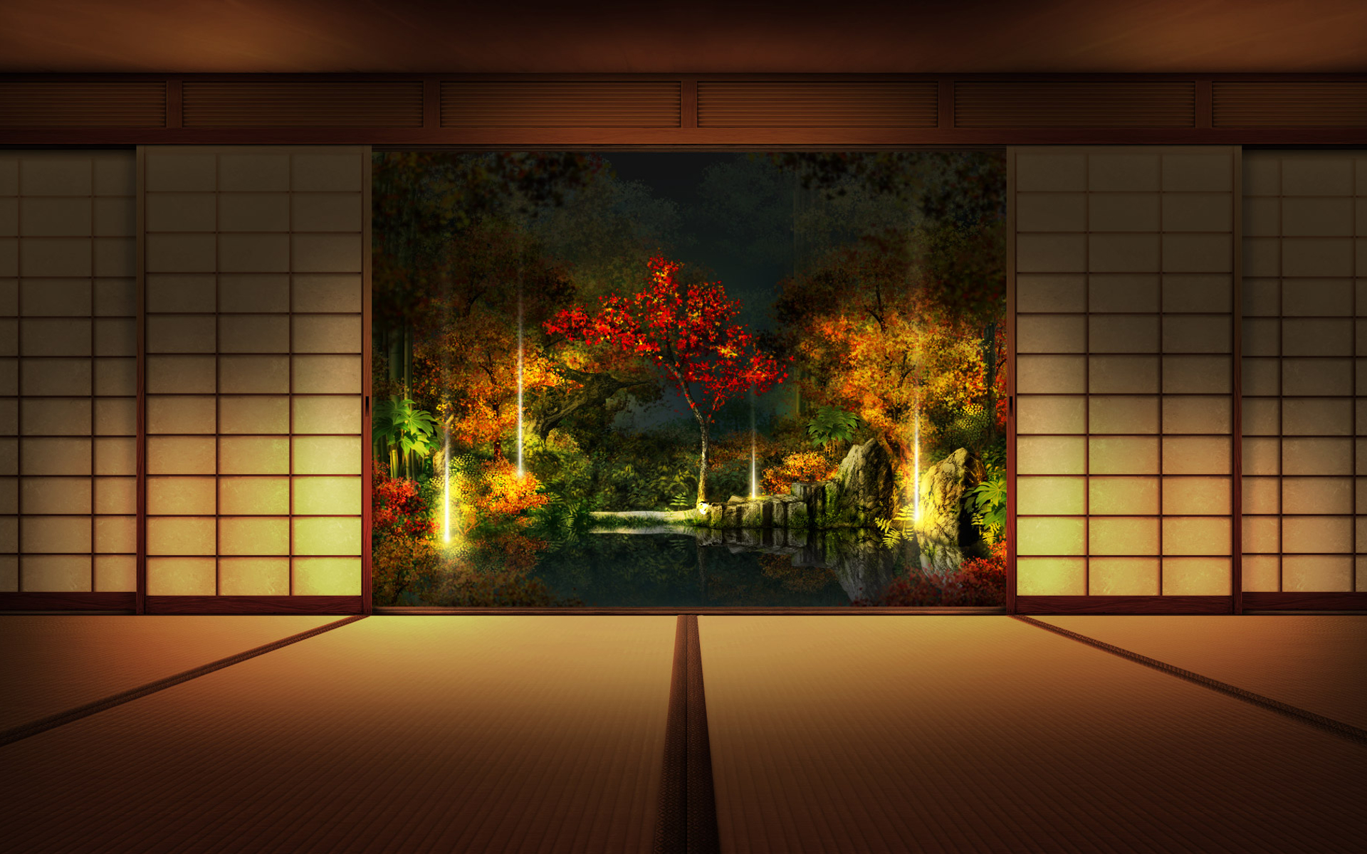 Japanese Shoji Room with Tree View HD Wallpaper