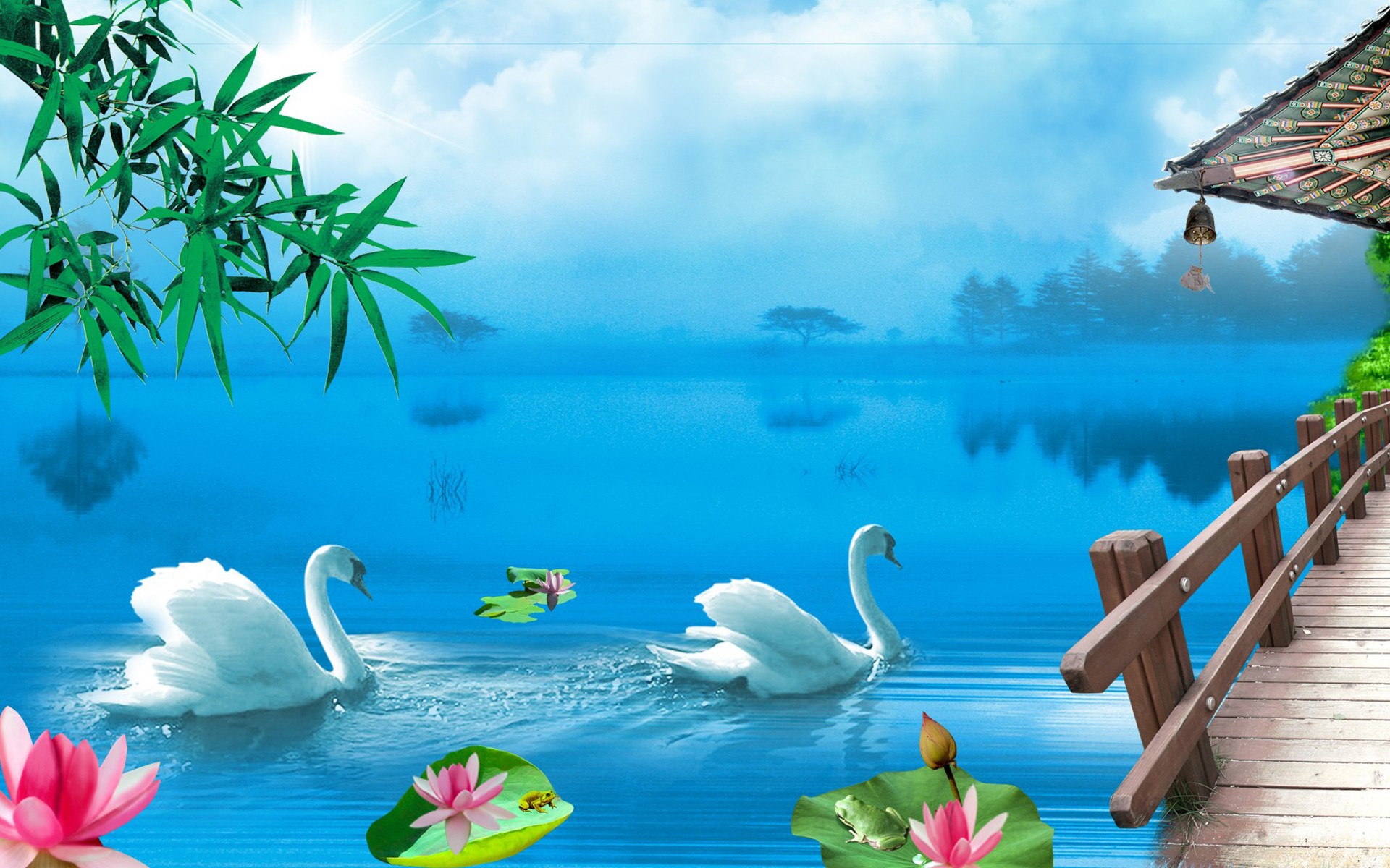Download Lake Lotus Swan Artistic Painting HD Wallpaper