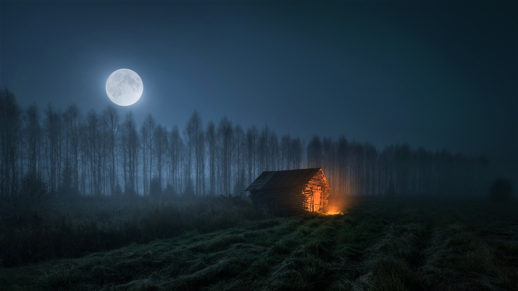 Moonlit Cabin Night HD Wallpaper
