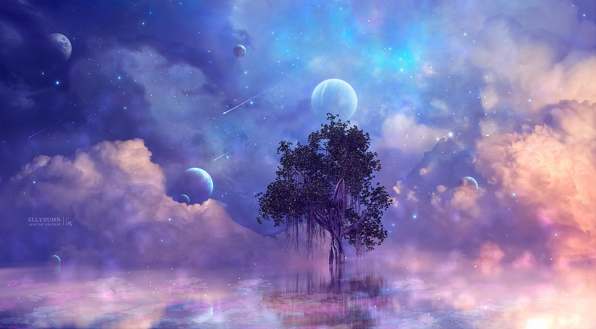 Download Star Starry Sky Blue Purple Cloud Tree Artistic Fantasy