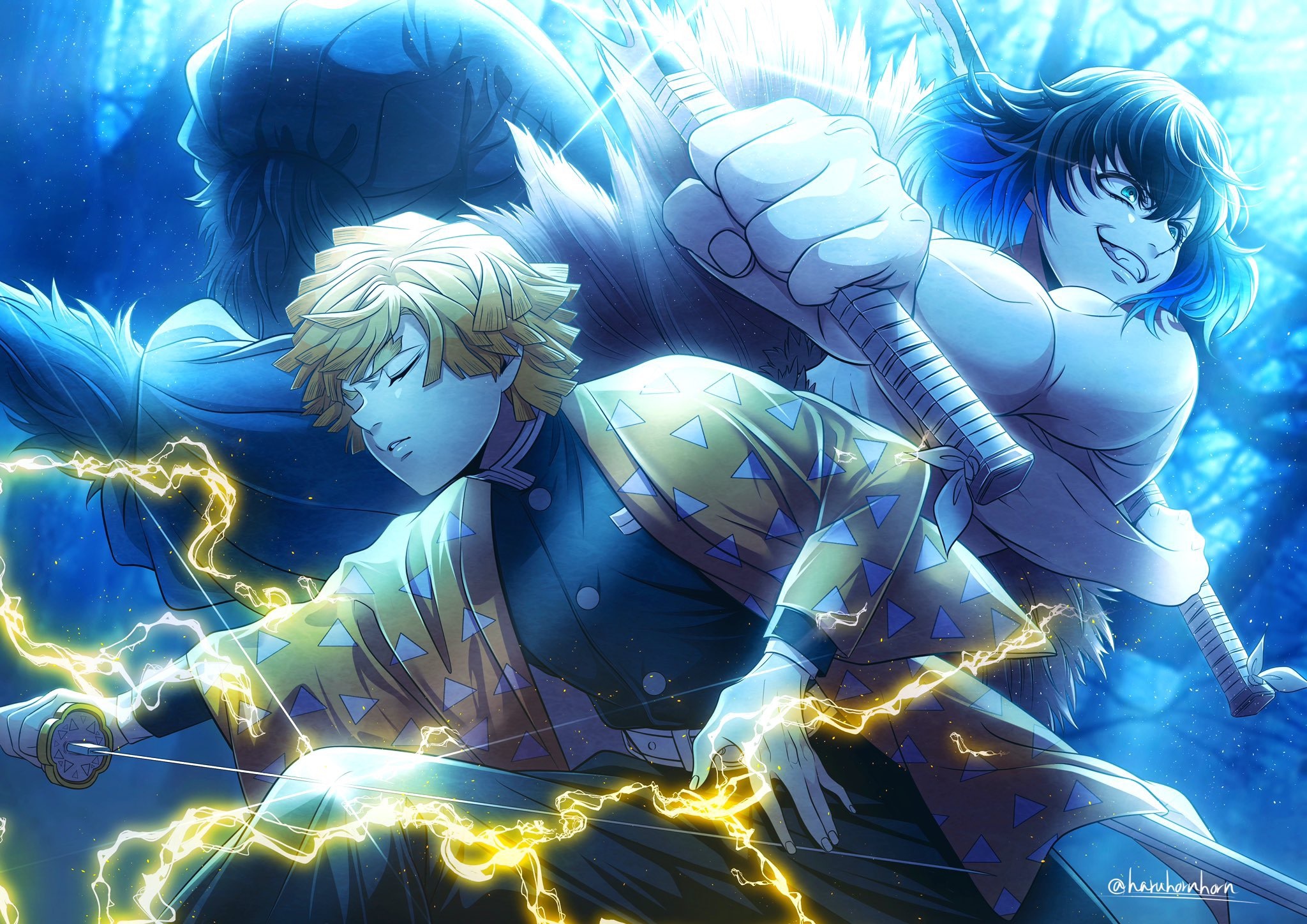 Download Zenitsu Agatsuma Inosuke Hashibira Anime Demon Slayer Kimetsu No Yaiba HD Wallpaper by