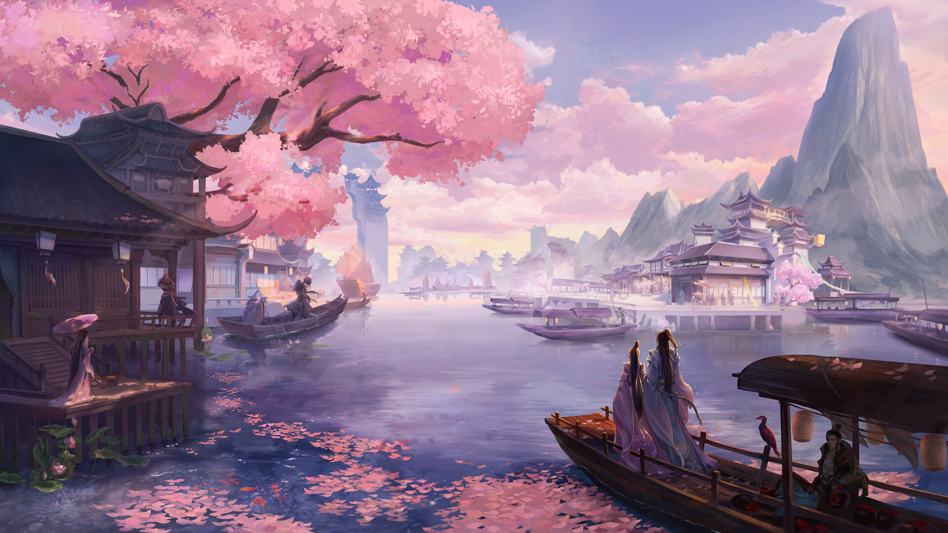 Download Cherry Blossom Mountain Boat River Fantasy Oriental HD