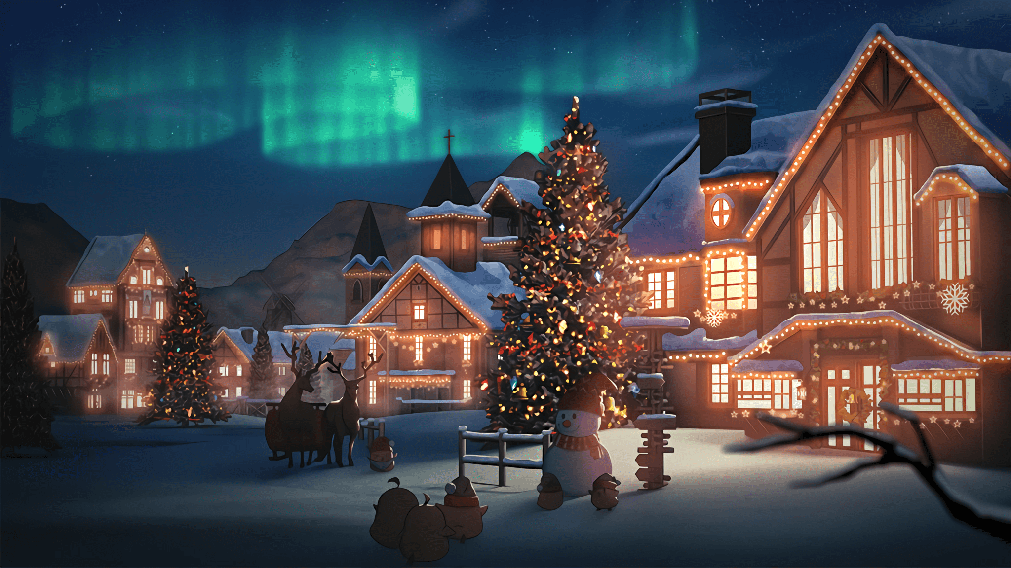 Download Aurora Borealis Snow Snowman House Winter Holiday Christmas HD