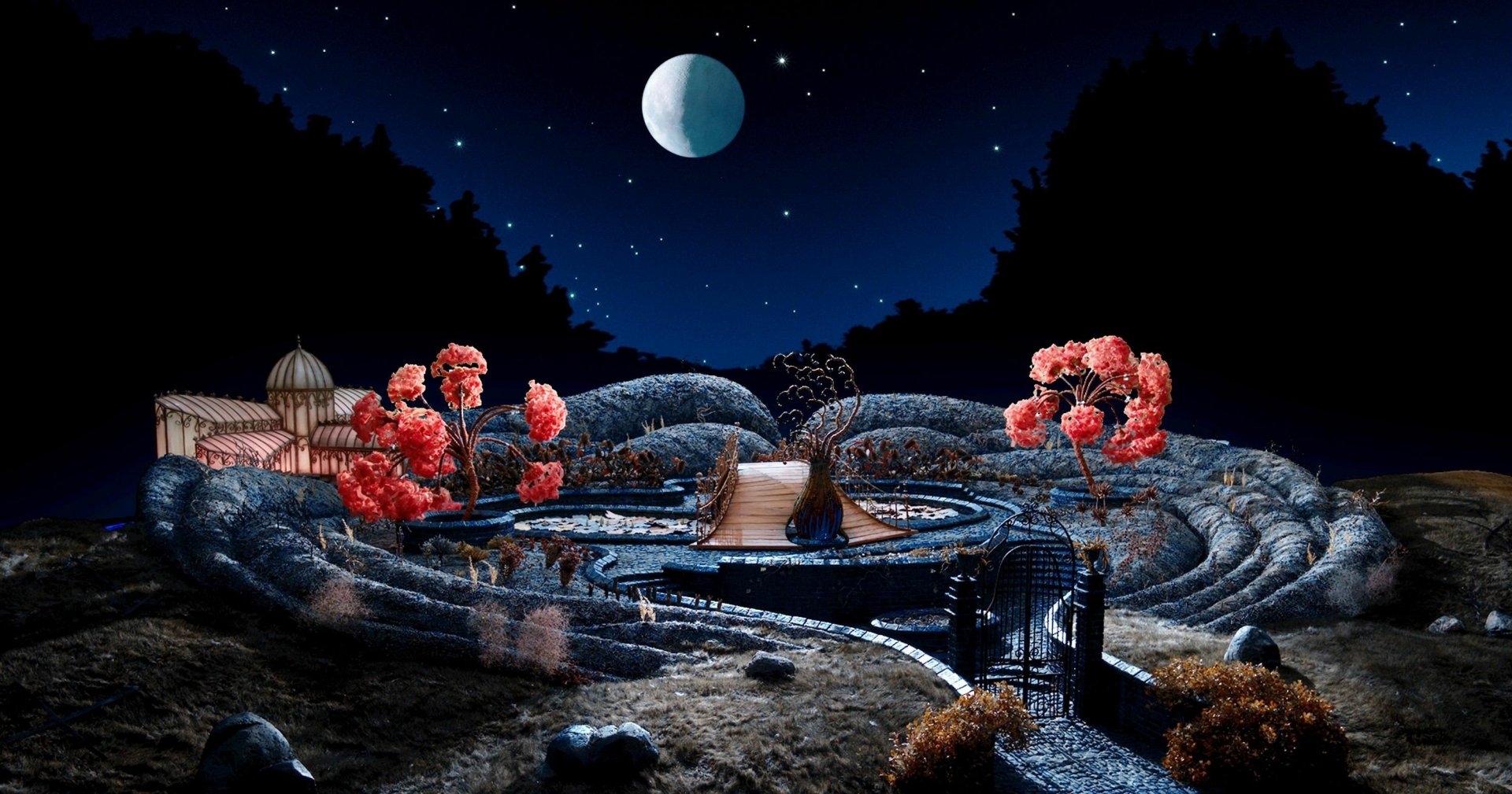 Coraline Movie HD Wallpaper Enchanted Night Garden Under the Moonlight