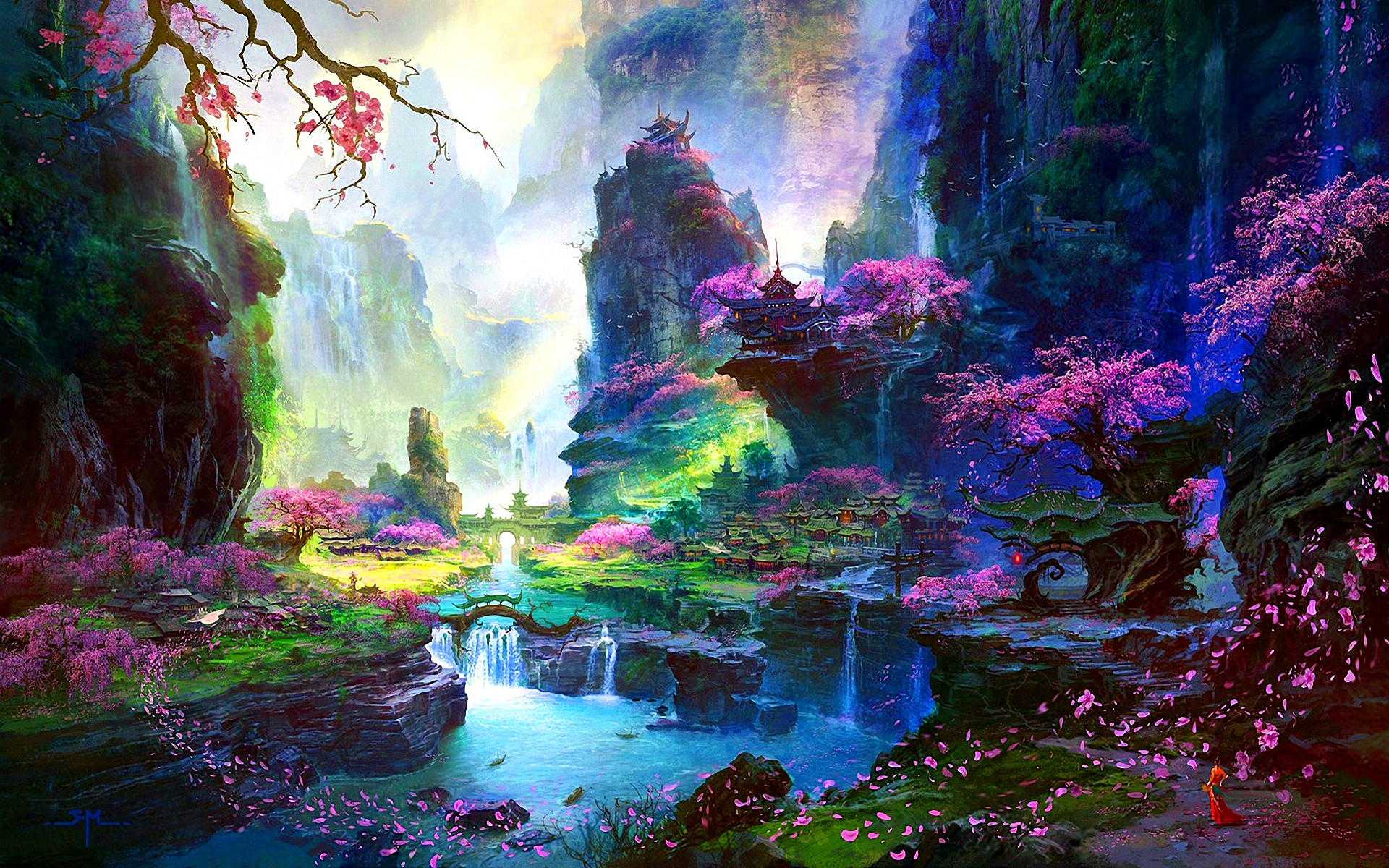 Fantasy Oriental Cherry Blossom Landscape HD Wallpaper
