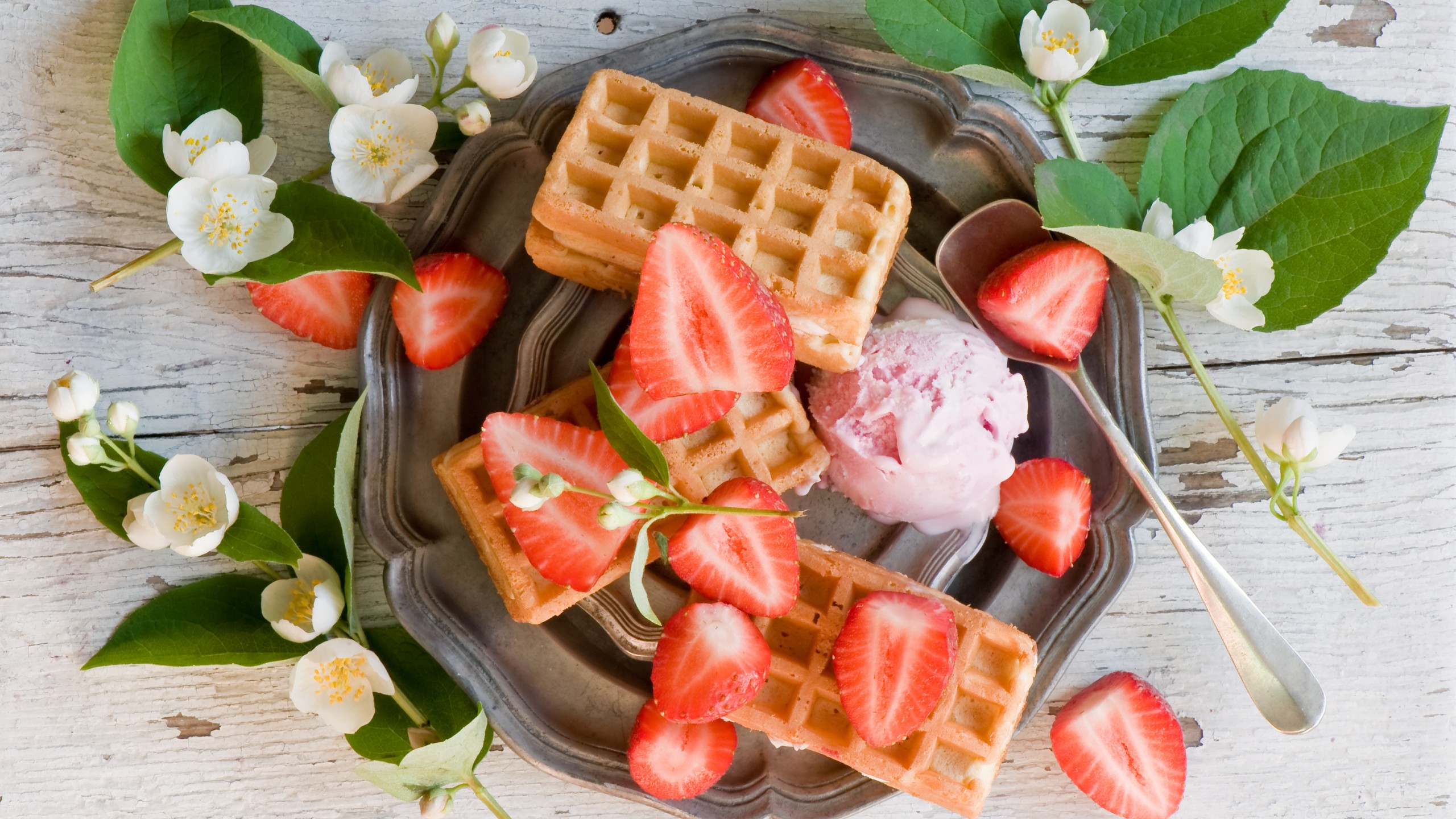Download Strawberry Ice Cream Dessert Food Waffle HD Wallpaper