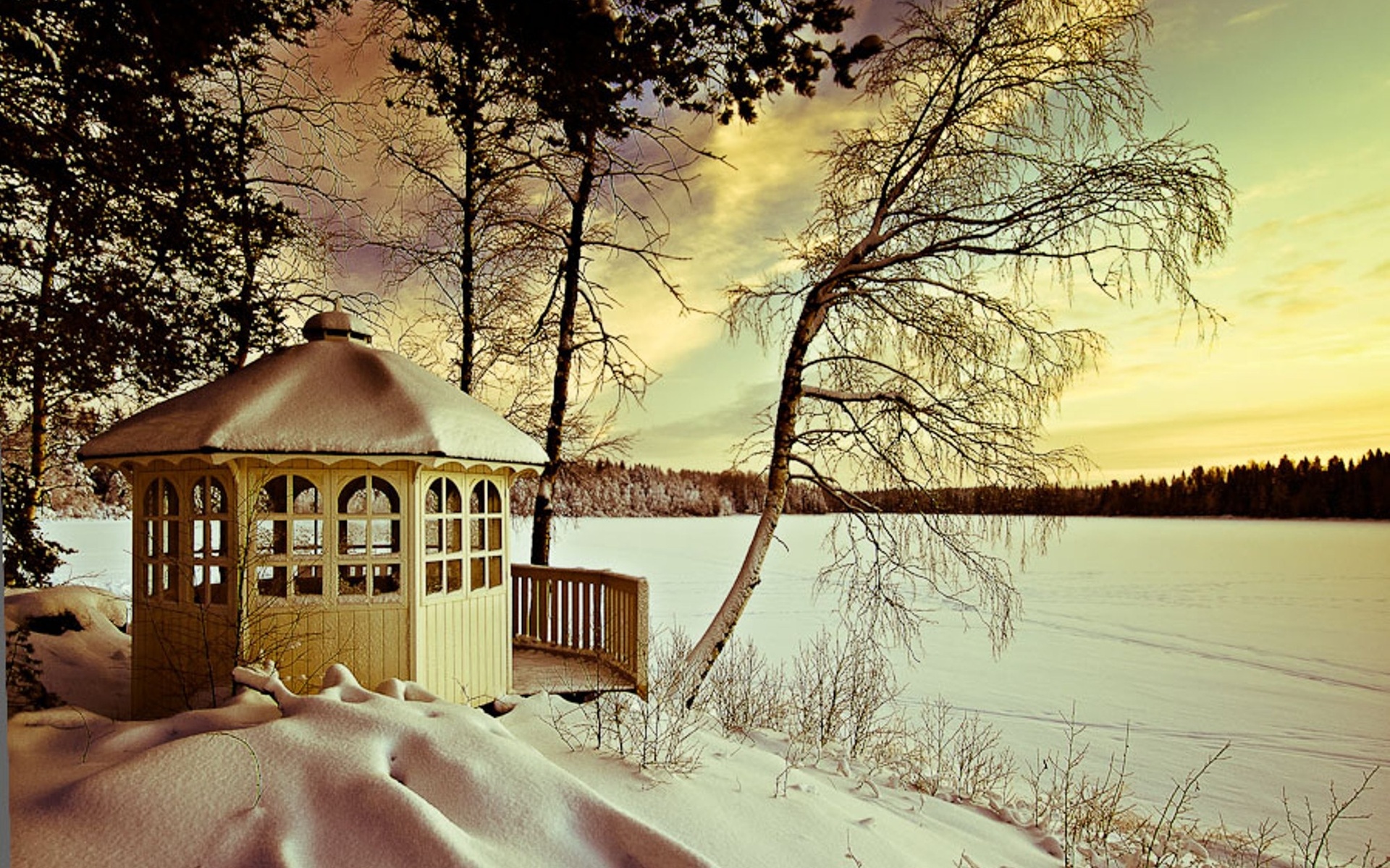 Download Snow Lake Tree Gazebo Man Made Photography Winter HD Wallpaper